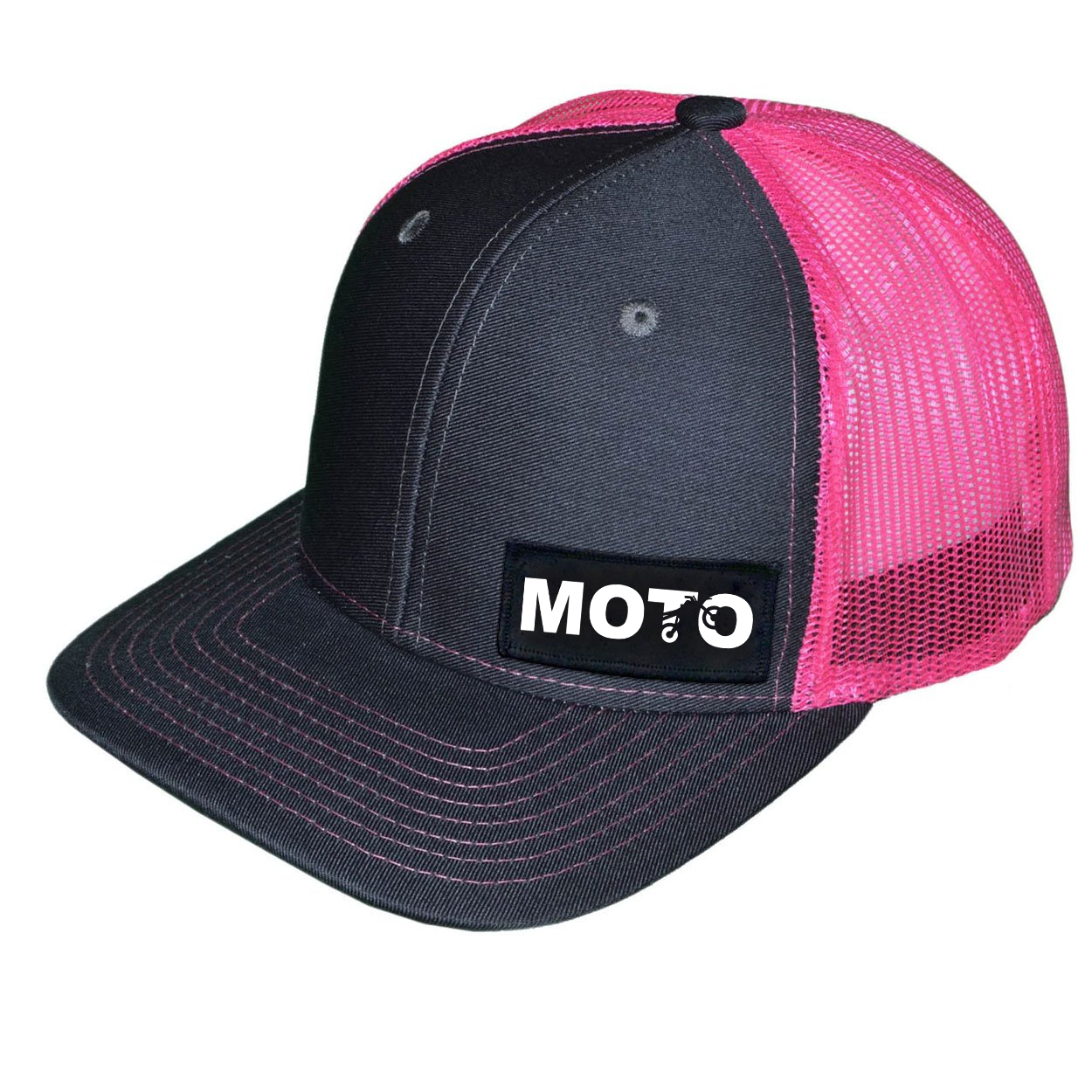 Moto Wheelie Logo Night Out Woven Patch Snapback Trucker Hat Dark Gray/Neon Pink (White Logo)