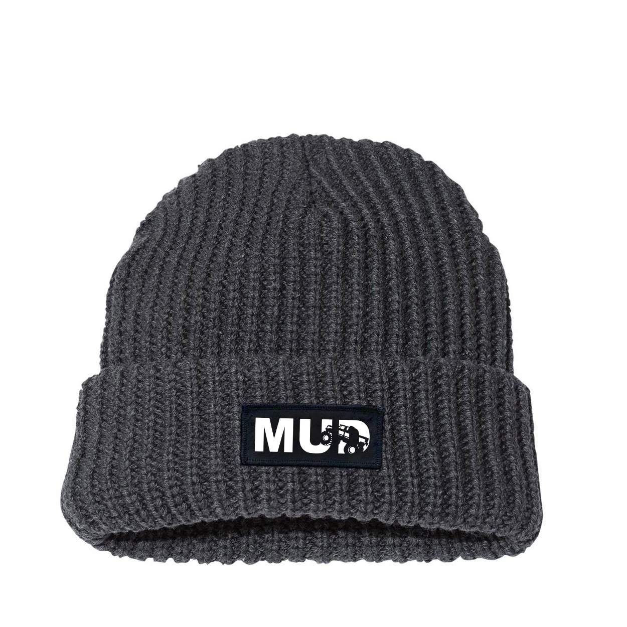 Mud Truck Logo Night Out Woven Patch Roll Up Jumbo Chunky Knit Beanie Charcoal (White Logo)