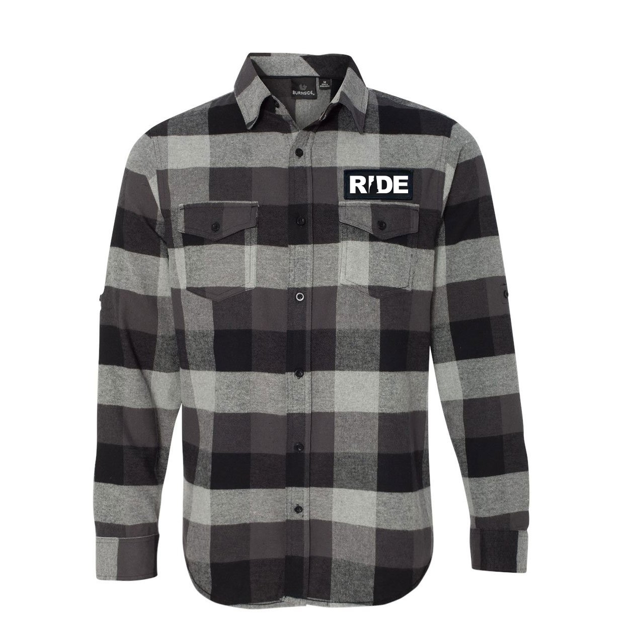 Ride New Hampshire Classic Unisex Long Sleeve Woven Patch Flannel Shirt Black/Gray (White Logo)