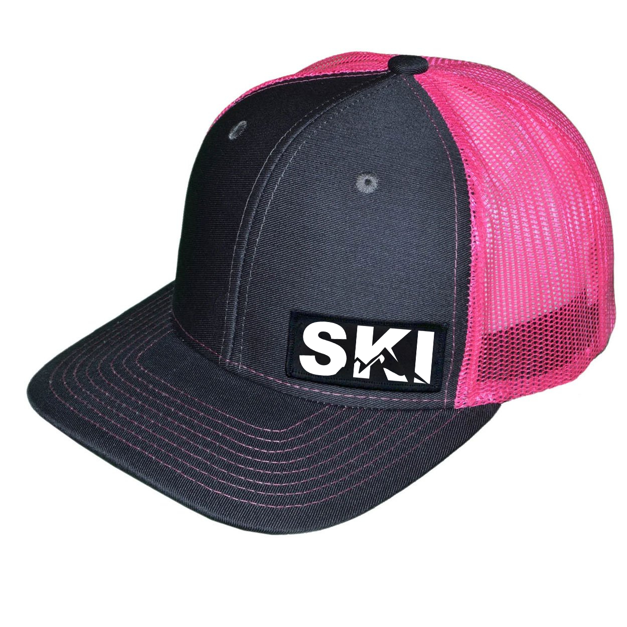 Ski Mountain Logo Night Out Woven Patch Snapback Trucker Hat Dark Gray/Neon Pink (White Logo)