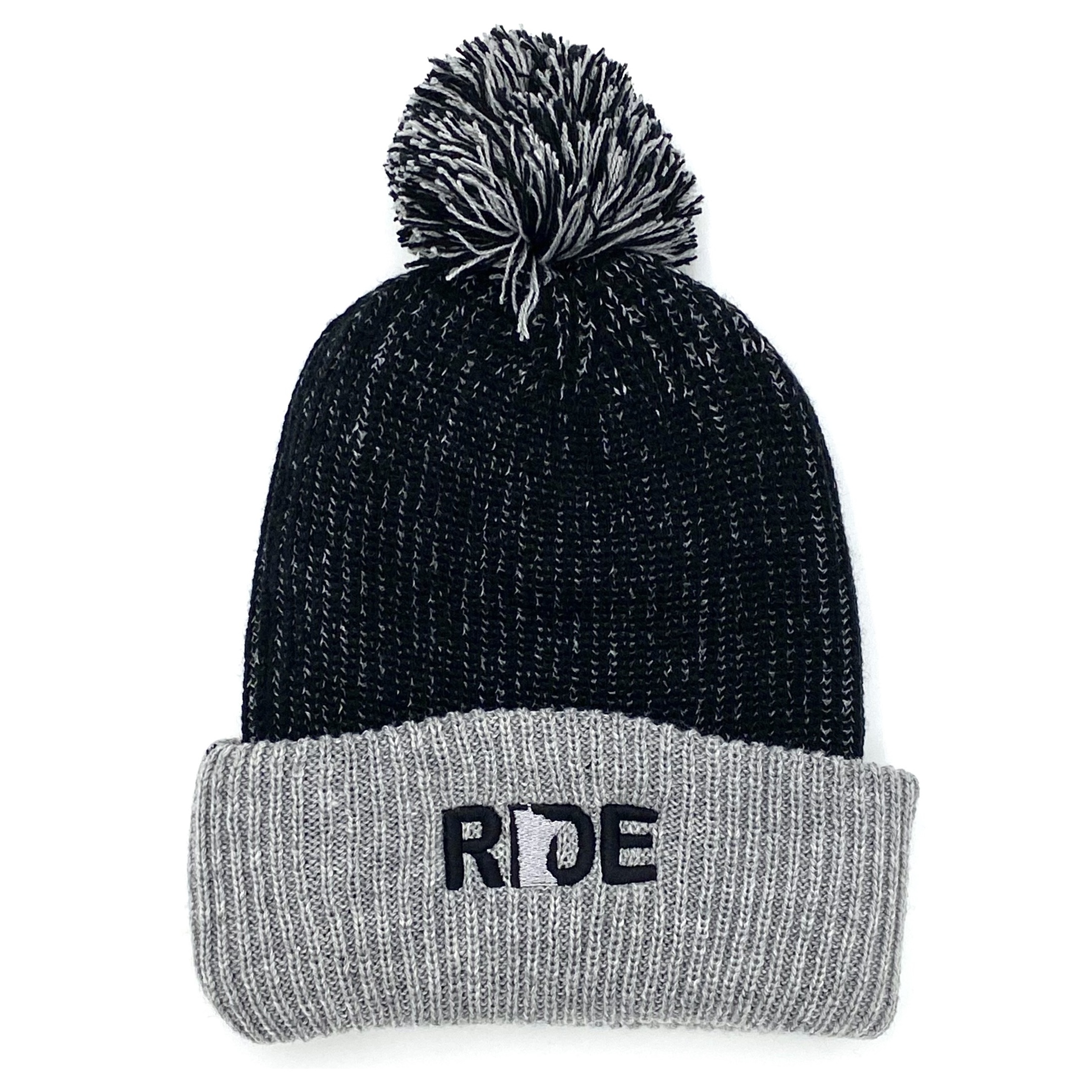 Ride Minnesota Night Out Embroidered Roll Up Pom Knit Beanie Black/Gray