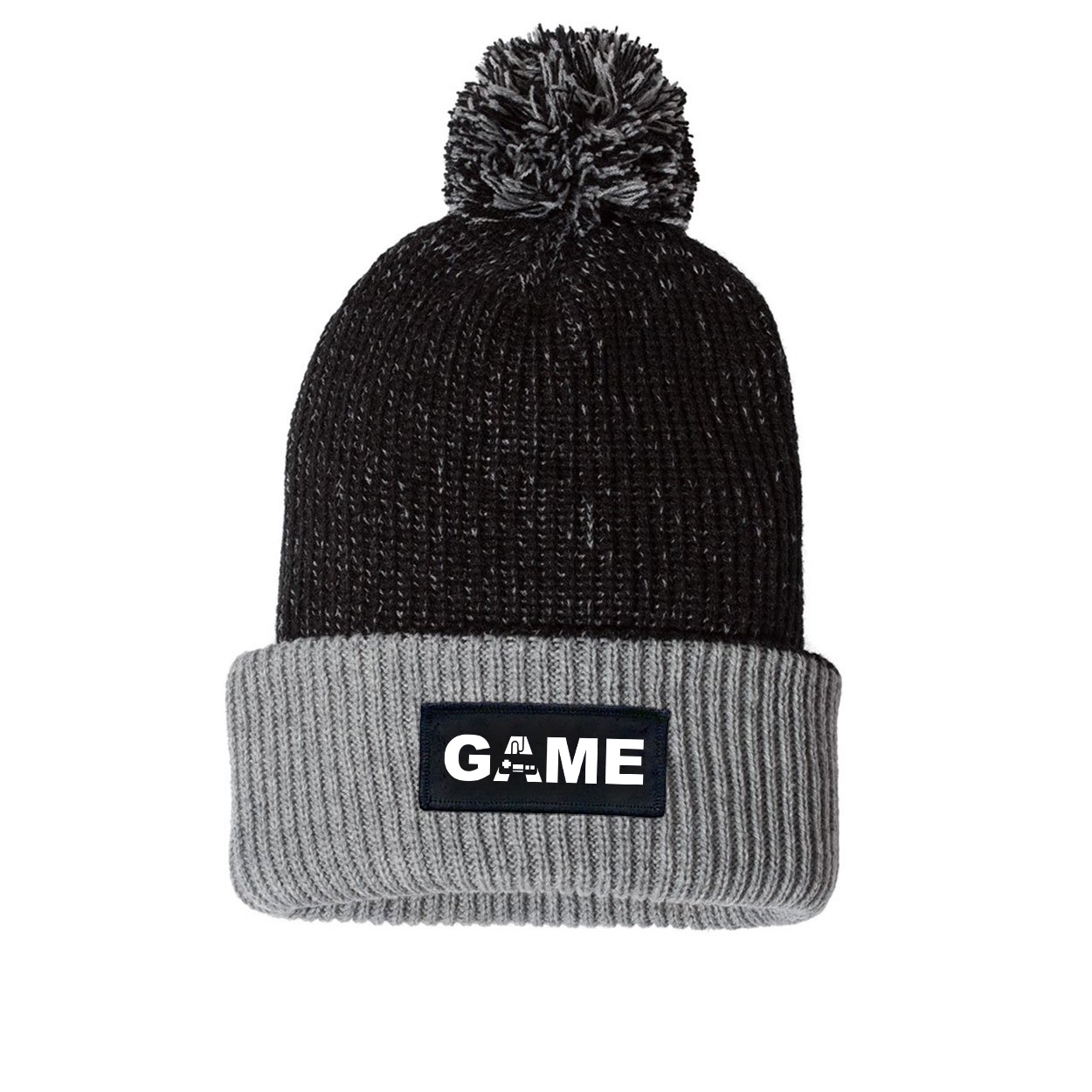 Game Controller Logo Night Out Woven Patch Roll Up Pom Knit Beanie Black/Gray (White Logo)