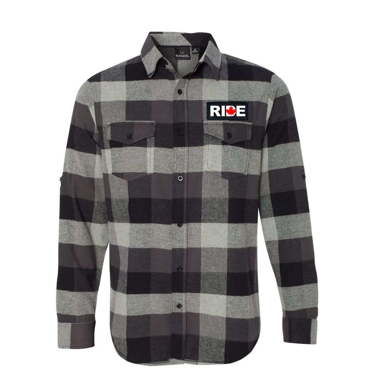 Ride Canada Classic Unisex Long Sleeve Woven Patch Flannel Shirt Black/Gray (White Logo)