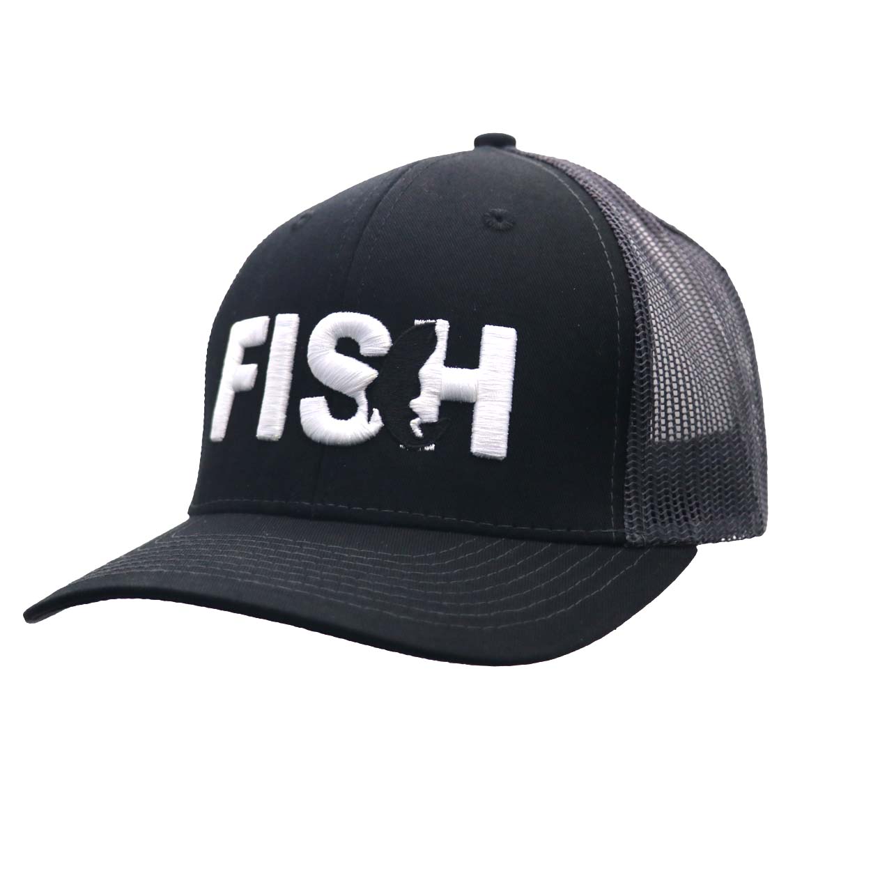 Fish Catch Logo Classic Embroidered Snapback Trucker Hat Black/Gray
