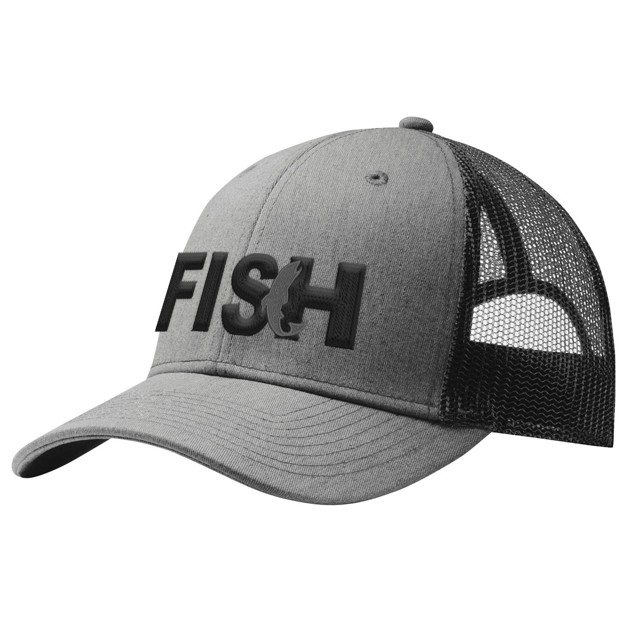 Fish Catch Logo Classic Pro 3D Puff Embroidered Snapback Trucker Hat Heather Gray/Black