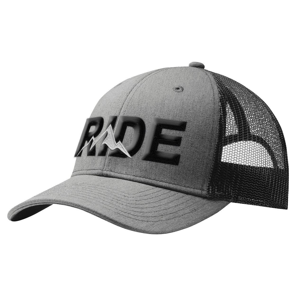 Ride Mountain Logo Classic Pro 3D Puff Embroidered Snapback Trucker Hat Heather Gray/Black