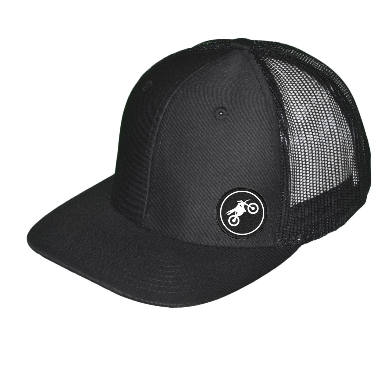 Ride Moto Icon Logo Night Out Woven Patch Snapback Trucker Hat Black (White Logo)