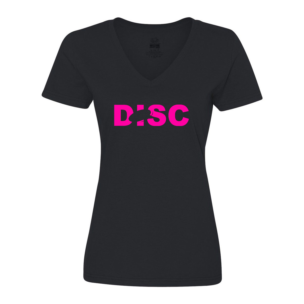 Disc Golf Frisbee Logo Womens Classic V-Neck Shirt Black (Pink Logo)