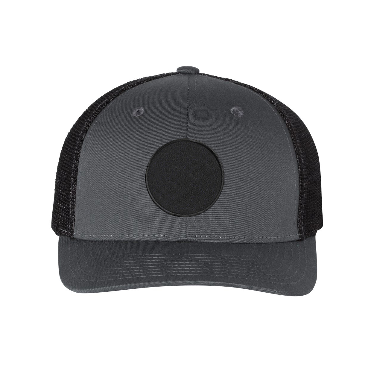 Product Details: Classic Woven Circle Patch Snapback Trucker Hat Gray/Black (BW 6 PANEL SNAPBACK MESH 5216)