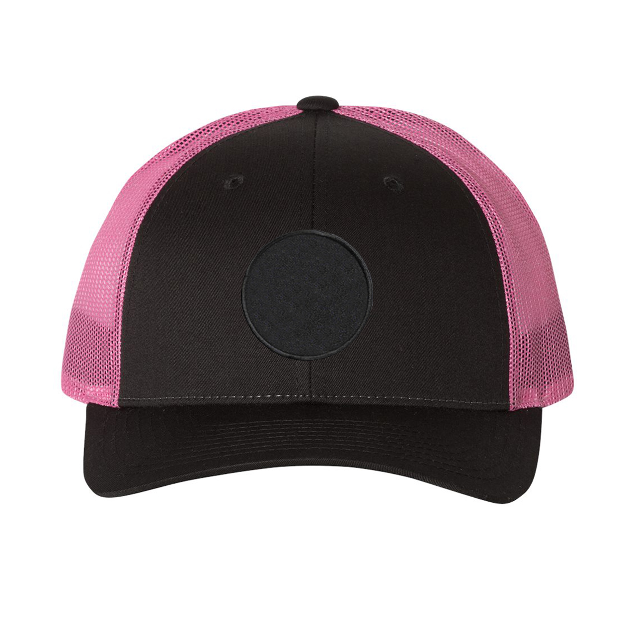Product Details: Classic Woven Circle Patch Snapback Trucker Hat Gray/Neon Pink (BW 6 PANEL SNAPBACK MESH 5216)
