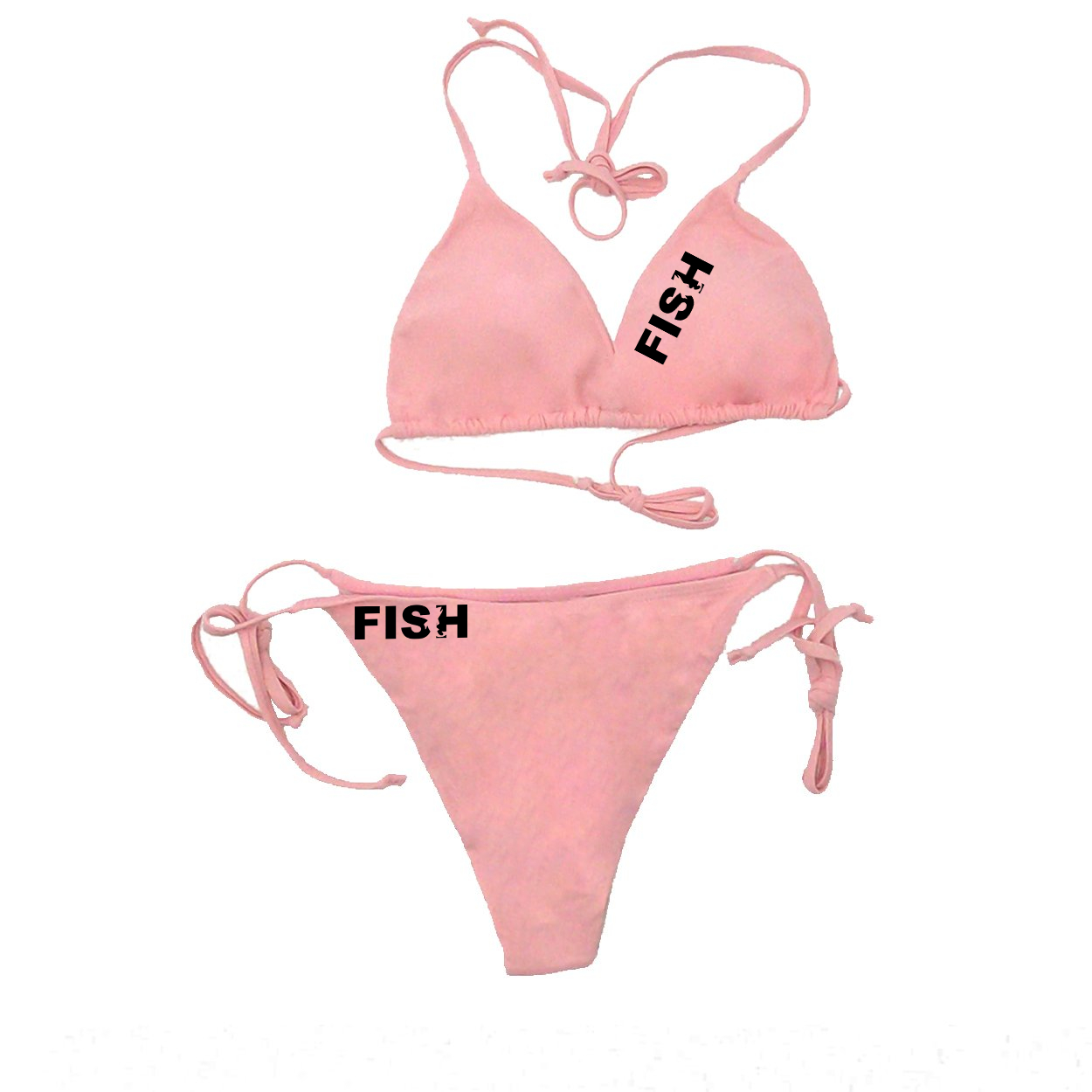 Fish Catch Logo Classic Womens Padded Halter Triangle Tie Side Two-Piece Swimsuit Basics Bikini Pink (Black Logo)