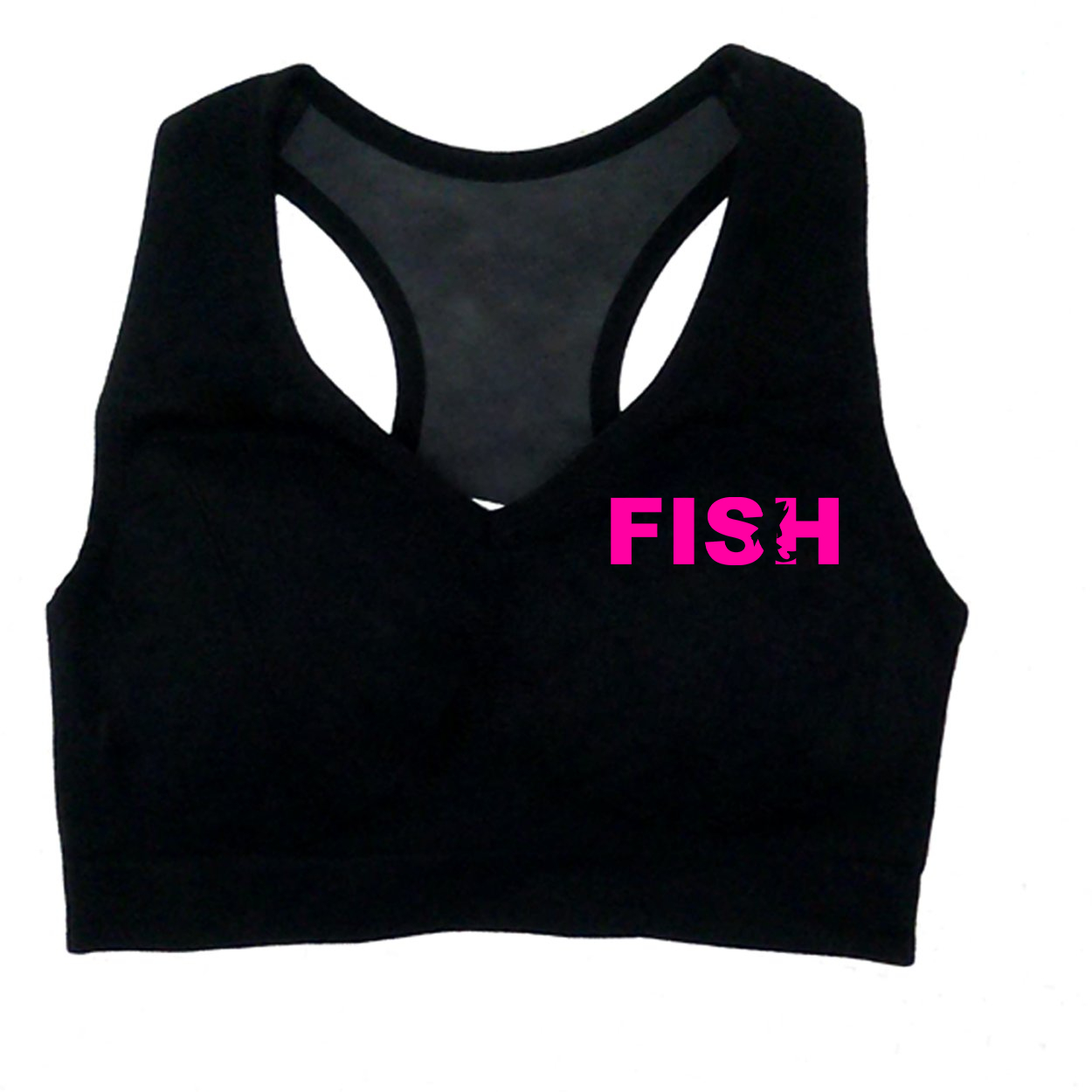 Fish Catch Logo Classic Womens High Support Scoop Neck Cut Out Back Sports Bra (Pink Logo)
