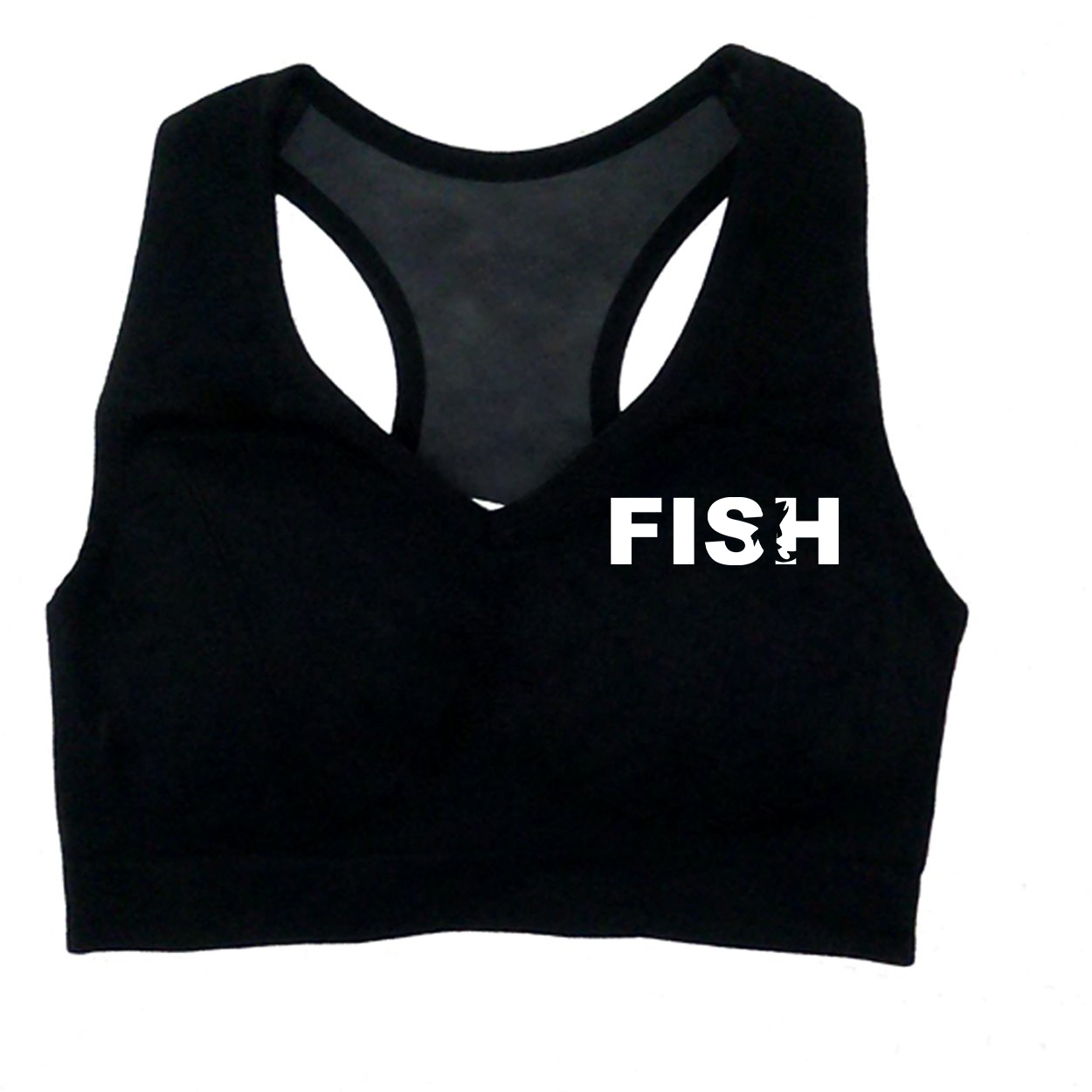 Fish Catch Logo Classic Womens High Support Scoop Neck Cut Out Back Sports Bra (White Logo)