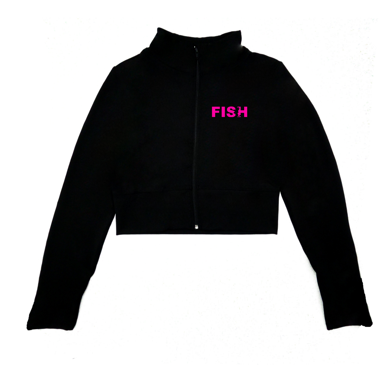 Fish Catch Logo Night Out Womens Zip Up Solid Crop Sports Jacket (Pink Logo)
