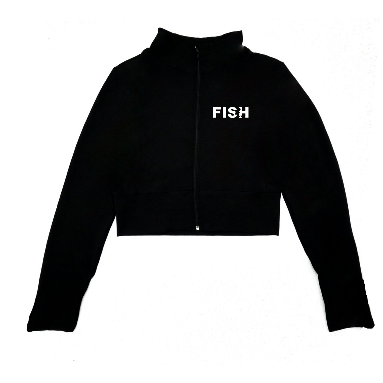 Fish Catch Logo Night Out Womens Zip Up Solid Crop Sports Jacket (White Logo)