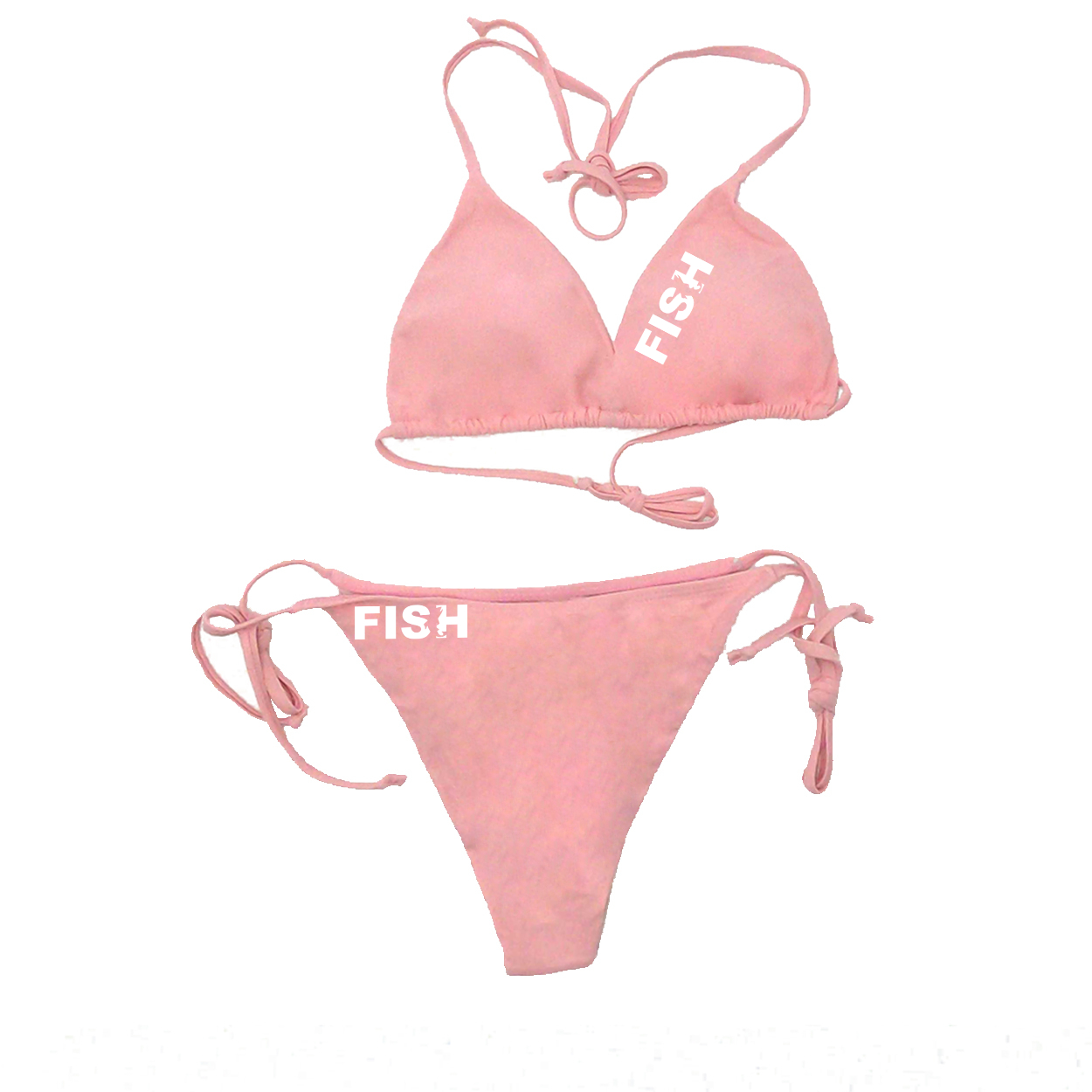Fish Catch Logo Classic Womens Padded Halter Triangle Tie Side Two-Piece Swimsuit Basics Bikini Pink (White Logo)
