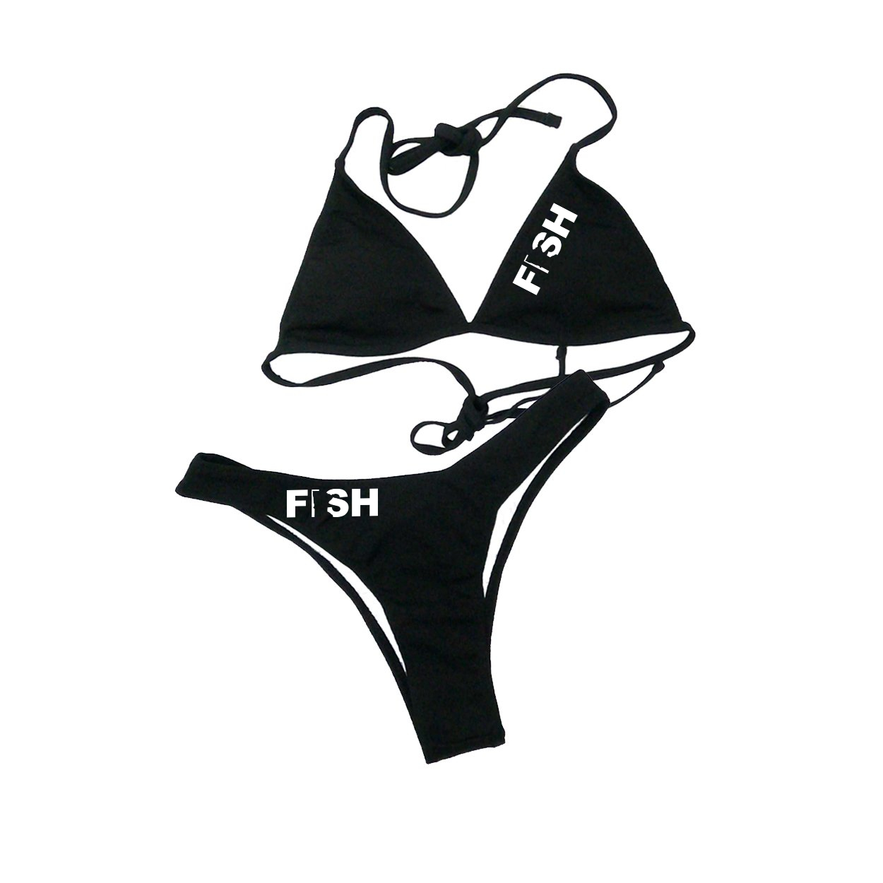 Fish Minnesota Classic Womens Padded Halter Triangle Two-Piece Swimsuit Basics Bikini Black (White Logo)