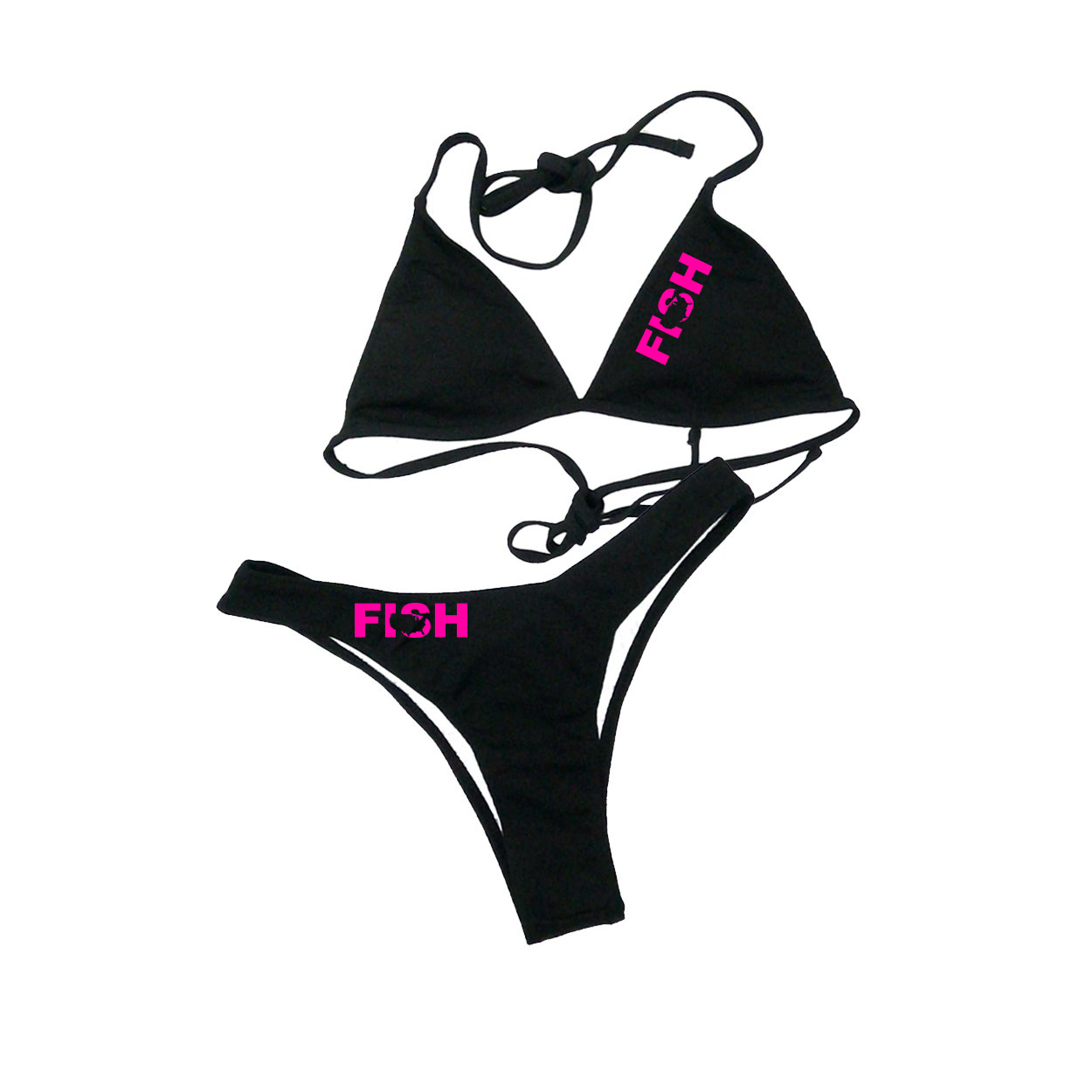 Fish United States Classic Womens Padded Halter Triangle Two-Piece Swimsuit Basics Bikini Black (Pink Logo)