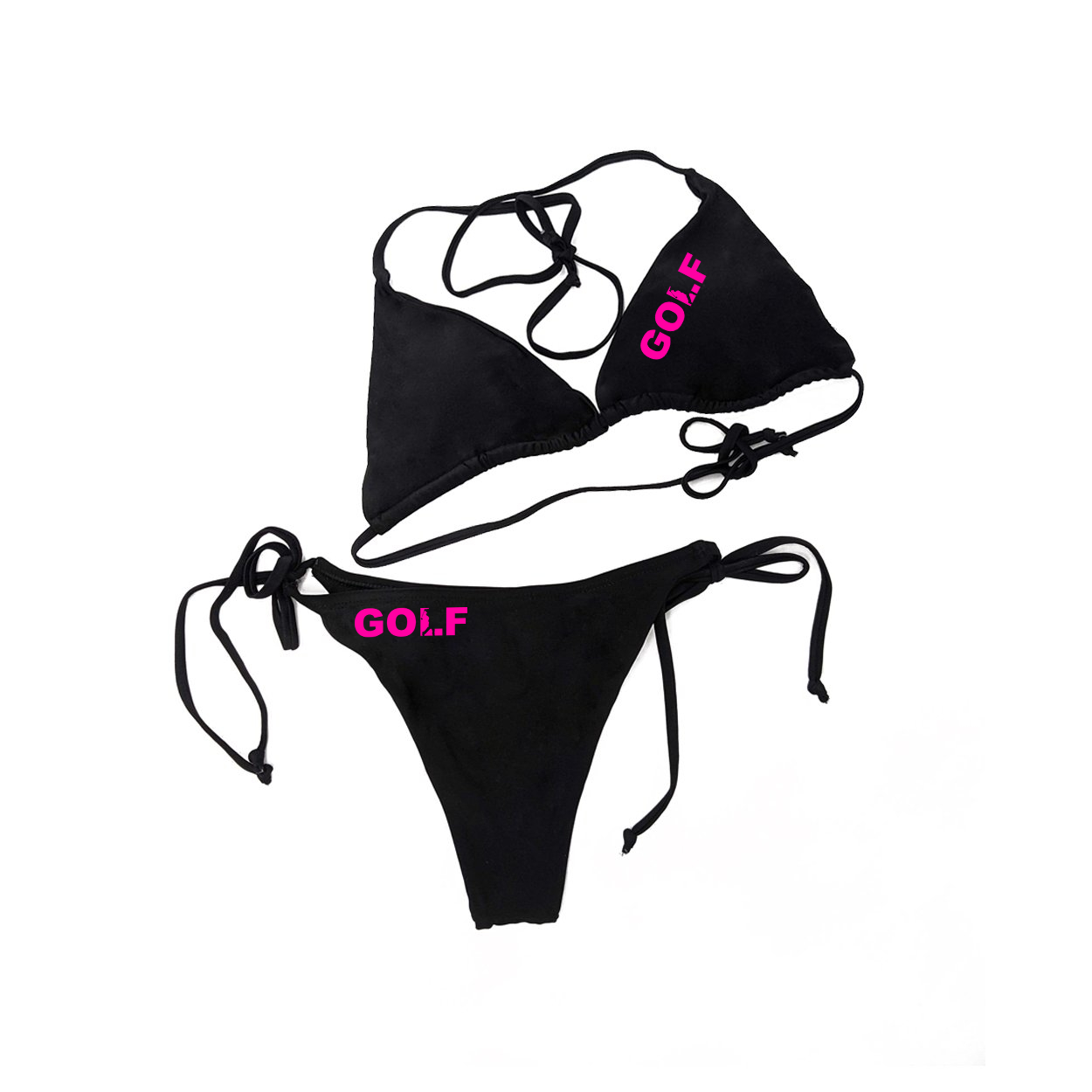 Golf Swing Logo Classic Womens Padded Halter Triangle Tie Side Two-Piece Swimsuit Bikini Black (Pink Logo)