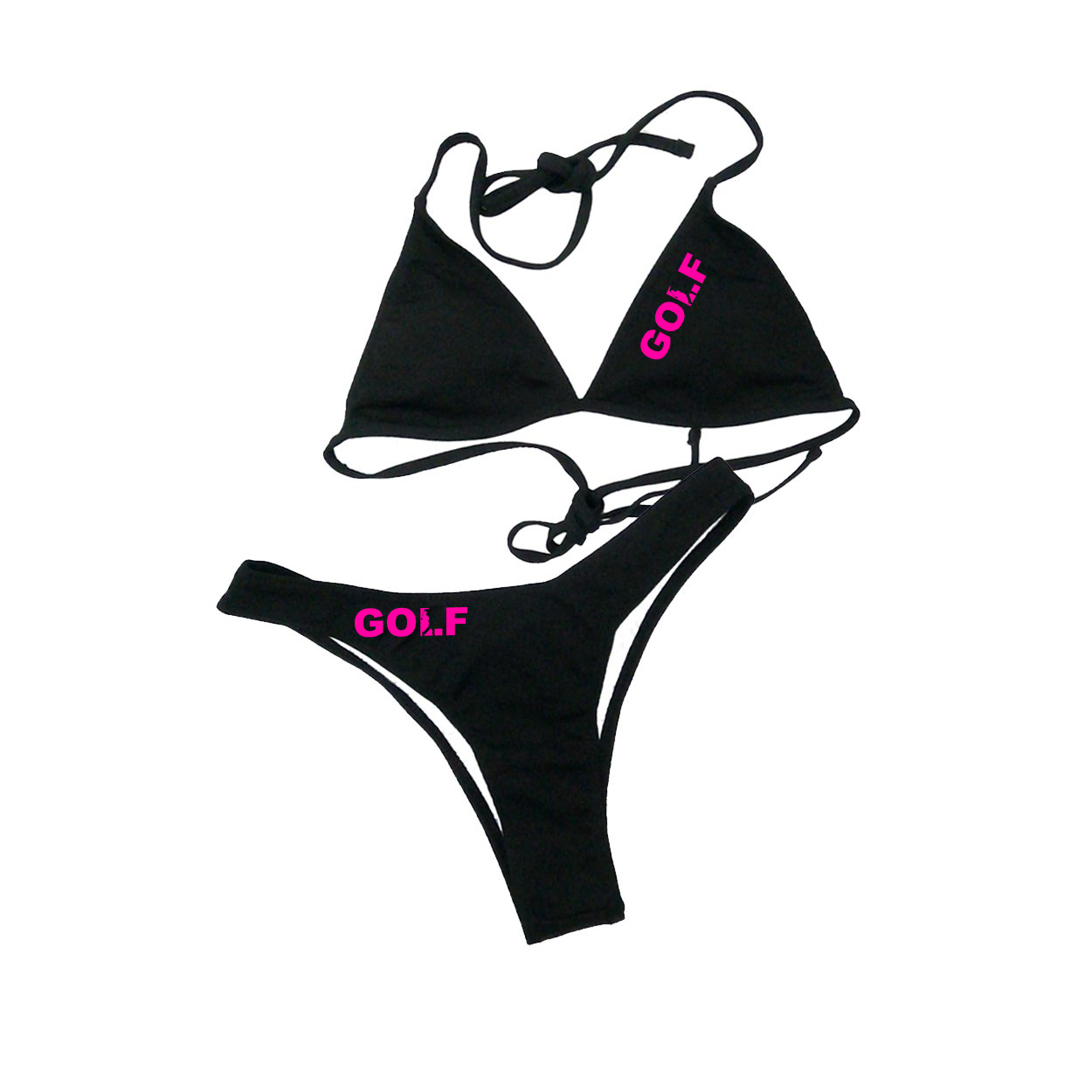 Golf Swing Logo Classic Womens Padded Halter Triangle Two-Piece Swimsuit Basics Bikini Black (Pink Logo)