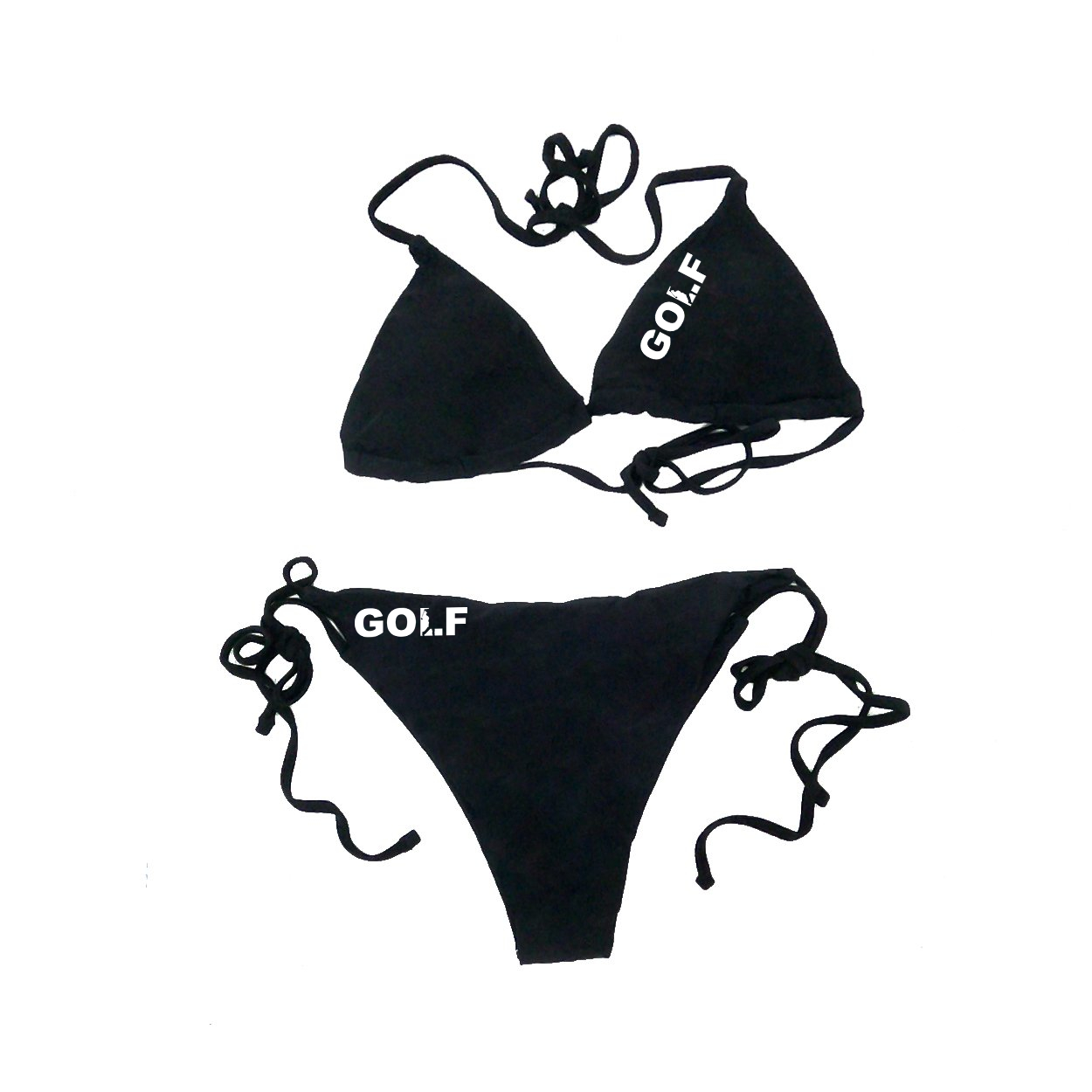 Golf Swing Logo Classic Womens Lightly Padded Halter Triangle Tie Side Two-Piece Swimsuit Basics Bikini Black (White Logo)