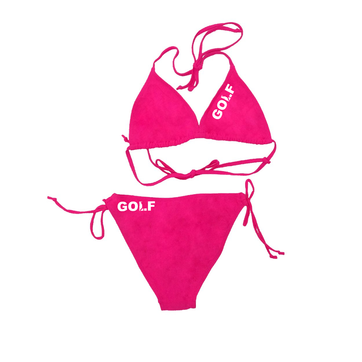 Golf Swing Logo Classic Womens Padded Halter Triangle Tie Side Two-Piece Swimsuit Bikini Hot Pink (White Logo)