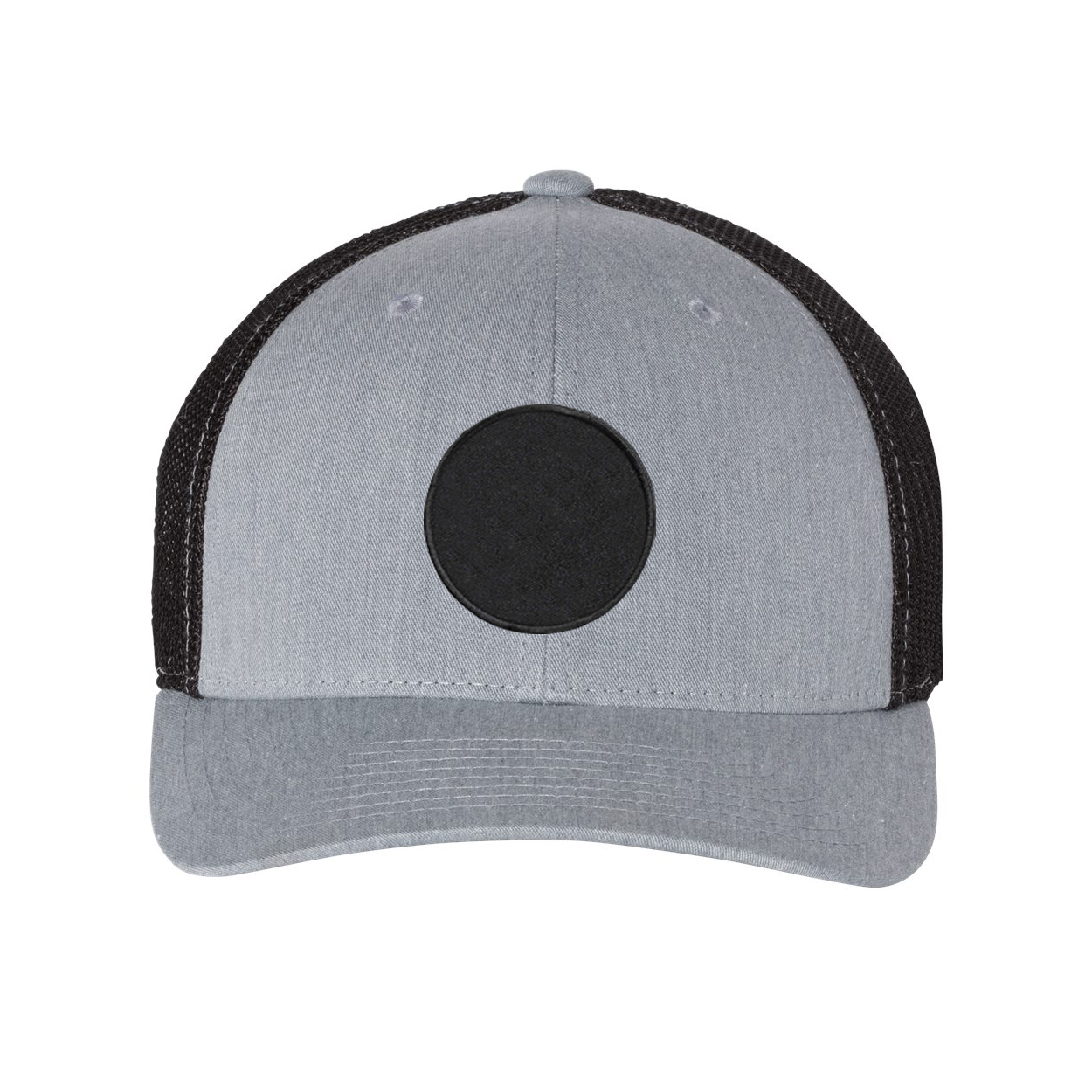 Product Details: Classic Woven Circle Patch Snapback Trucker Hat Heather Gray/Black (BW 6 PANEL SNAPBACK MESH 5216)