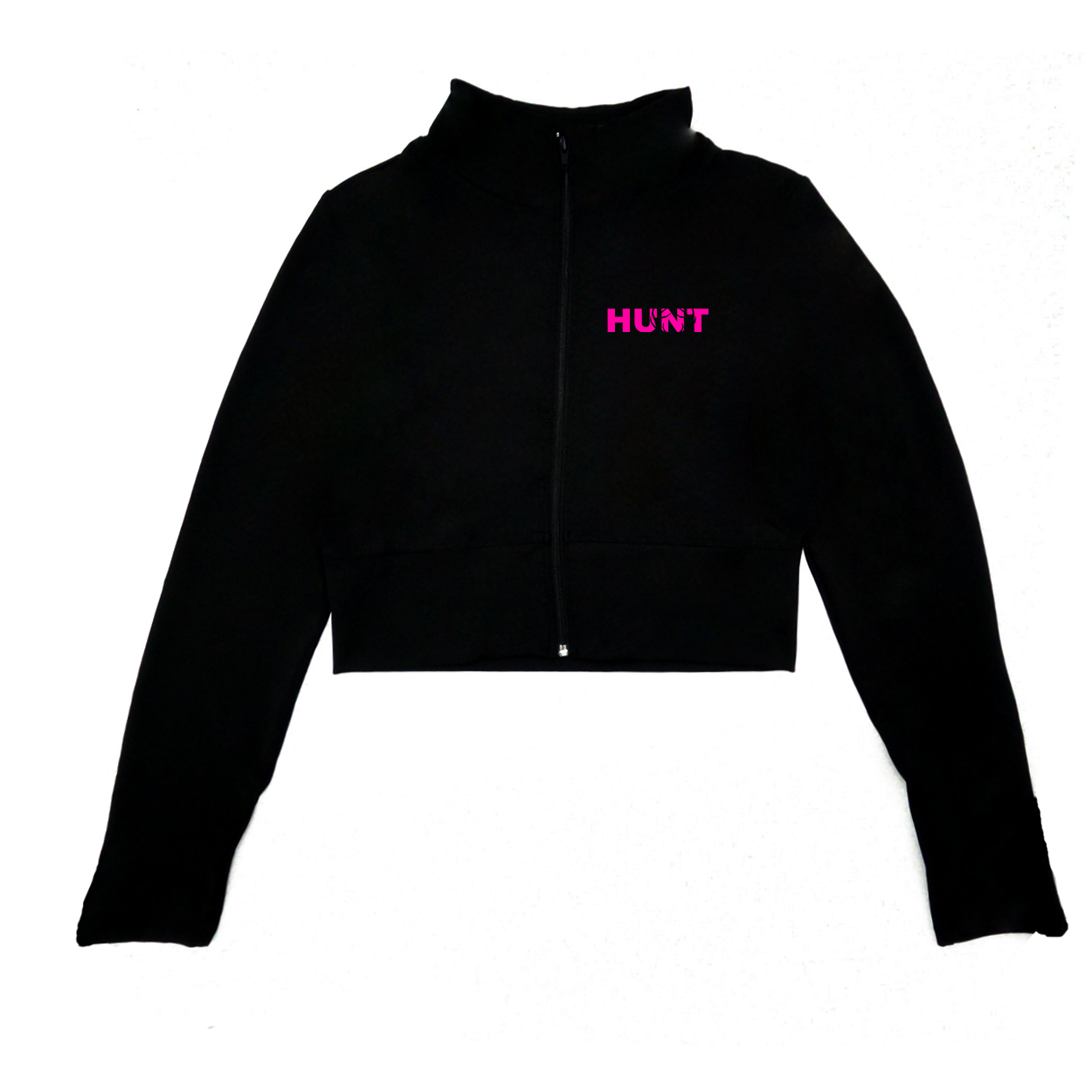 Hunt Rack Logo Night Out Womens Zip Up Solid Crop Sports Jacket (Pink Logo)