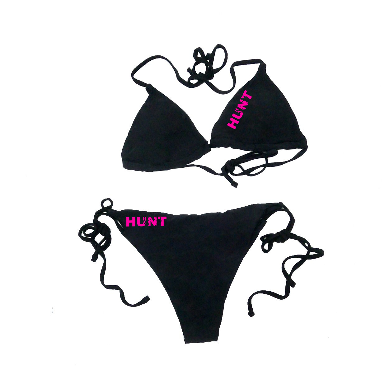Hunt Rack Logo Classic Womens Lightly Padded Halter Triangle Tie Side Two-Piece Swimsuit Basics Bikini Black (Pink Logo)