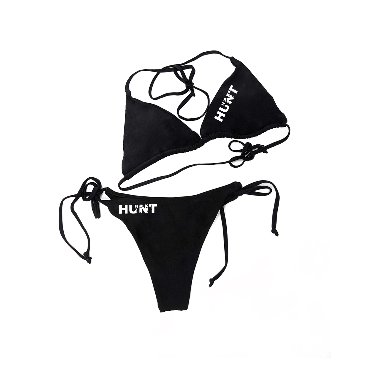 Hunt Rack Logo Classic Womens Padded Halter Triangle Tie Side Two-Piece Swimsuit Bikini Black (White Logo)