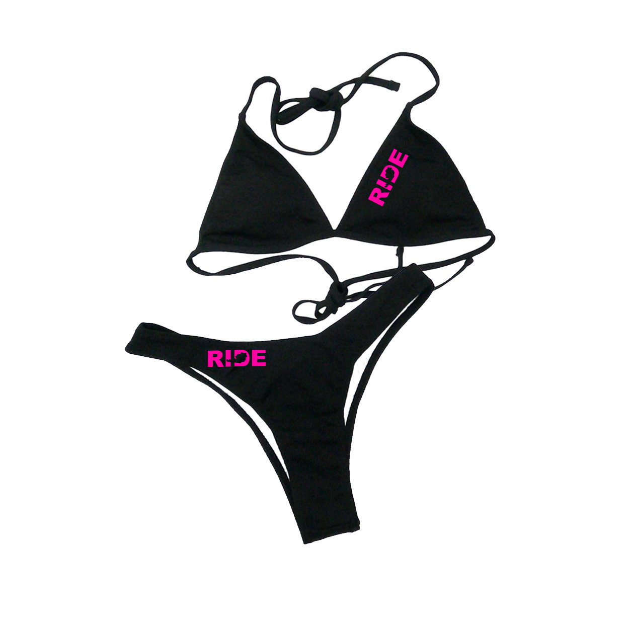 Ride Austria Classic Womens Padded Halter Triangle Two-Piece Swimsuit Basics Bikini Black (Pink Logo)