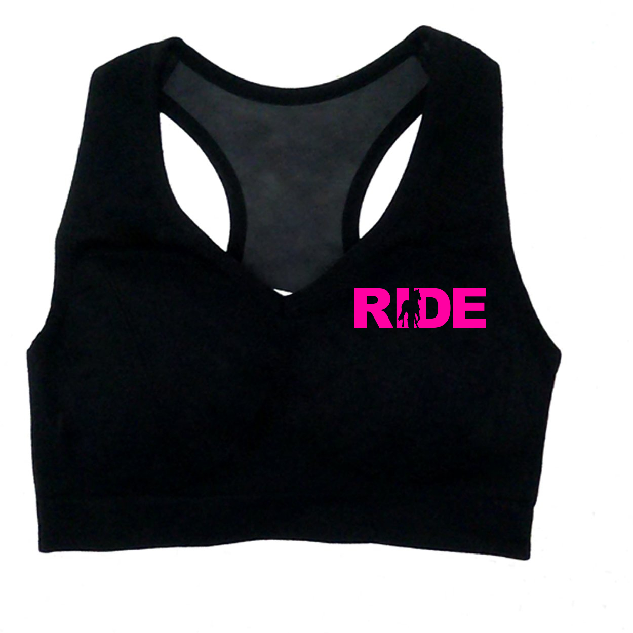 Ride Horse Logo Classic Womens High Support Scoop Neck Cut Out Back Sports Bra (Pink Logo)