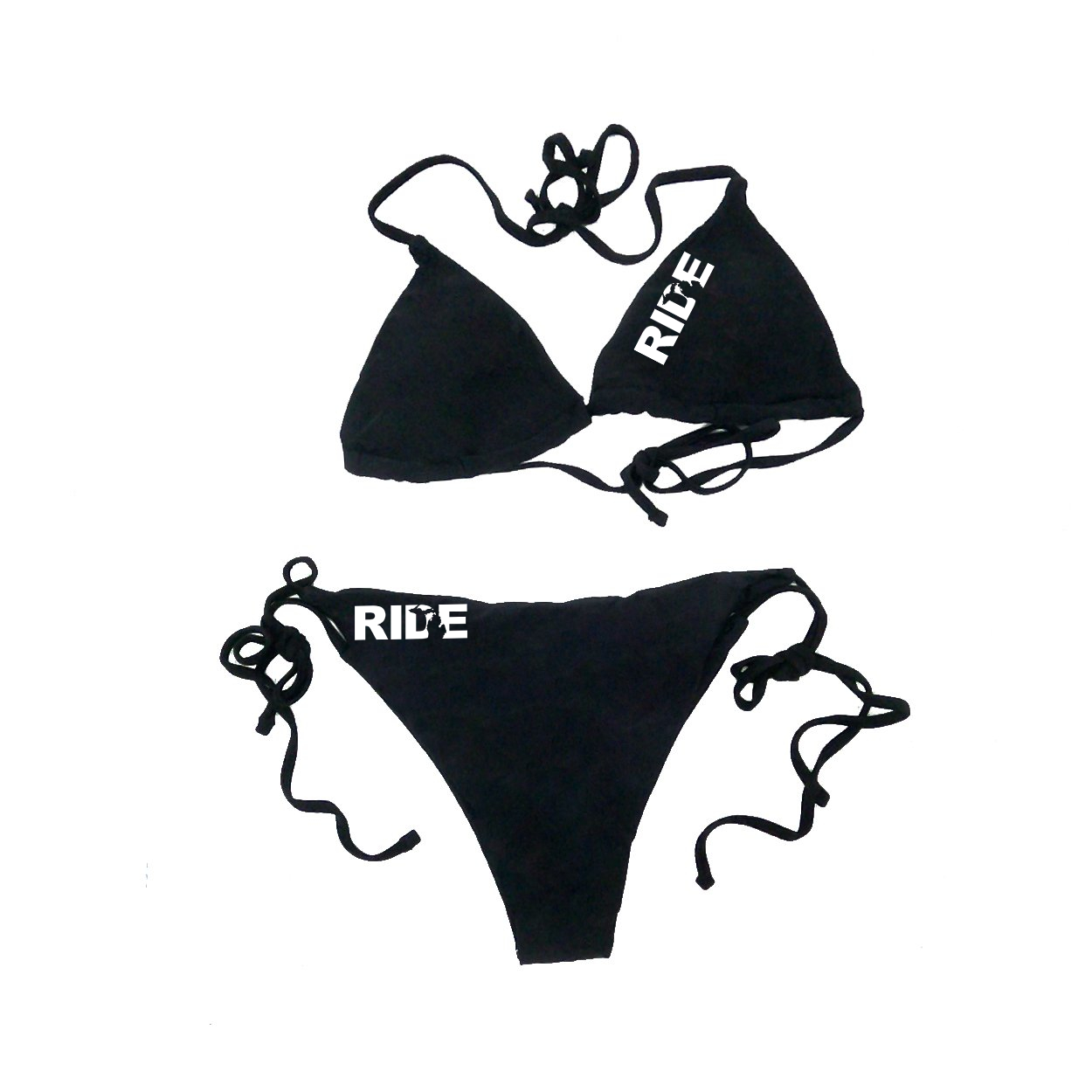 Ride Michigan Classic Womens Lightly Padded Halter Triangle Tie Side Two-Piece Swimsuit Basics Bikini Black (White Logo)