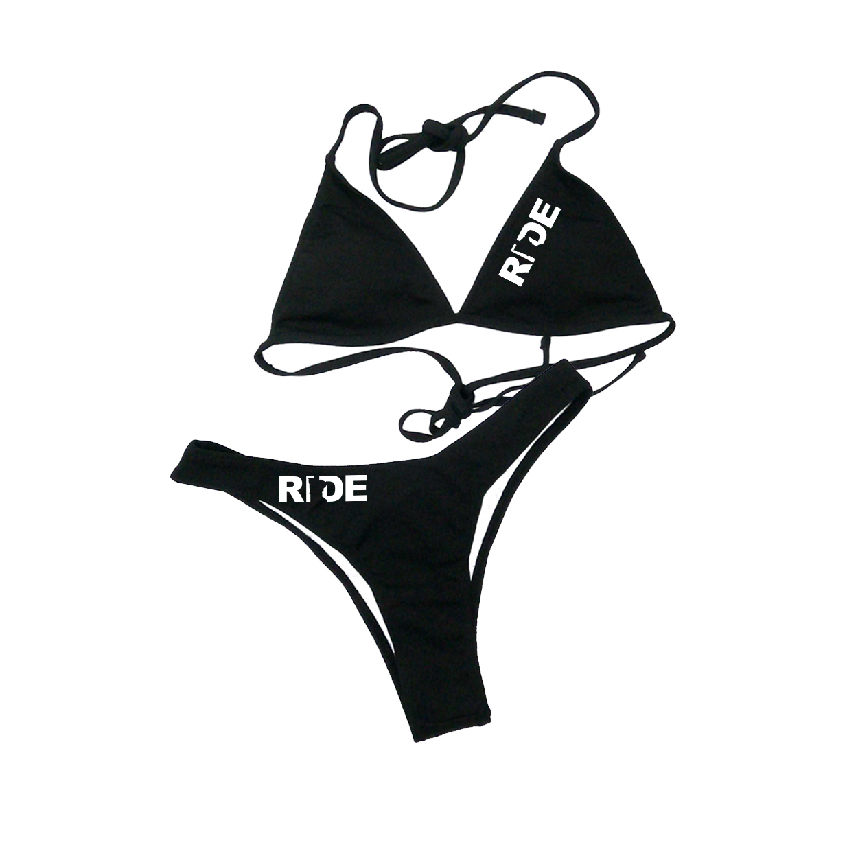 Ride Minnesota Classic Womens Padded Halter Triangle Two-Piece Swimsuit Basics Bikini Black (White Logo)