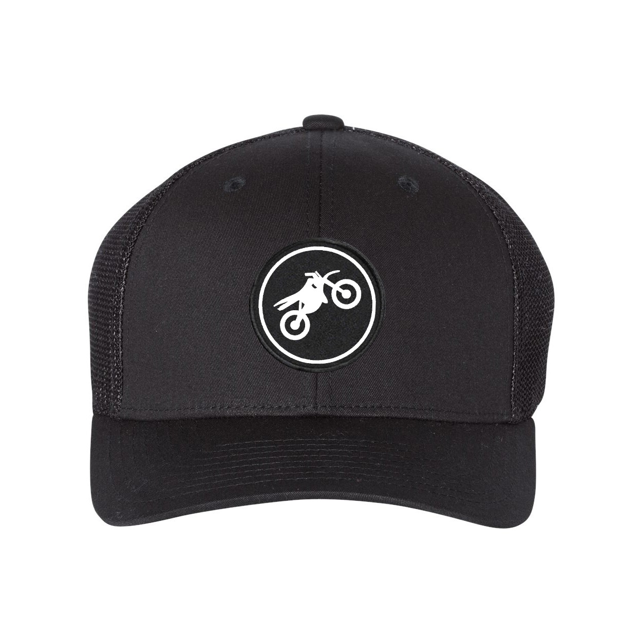 Ride Moto Icon Logo Classic Woven Circle Patch Snapback Trucker Hat Black (White Logo)
