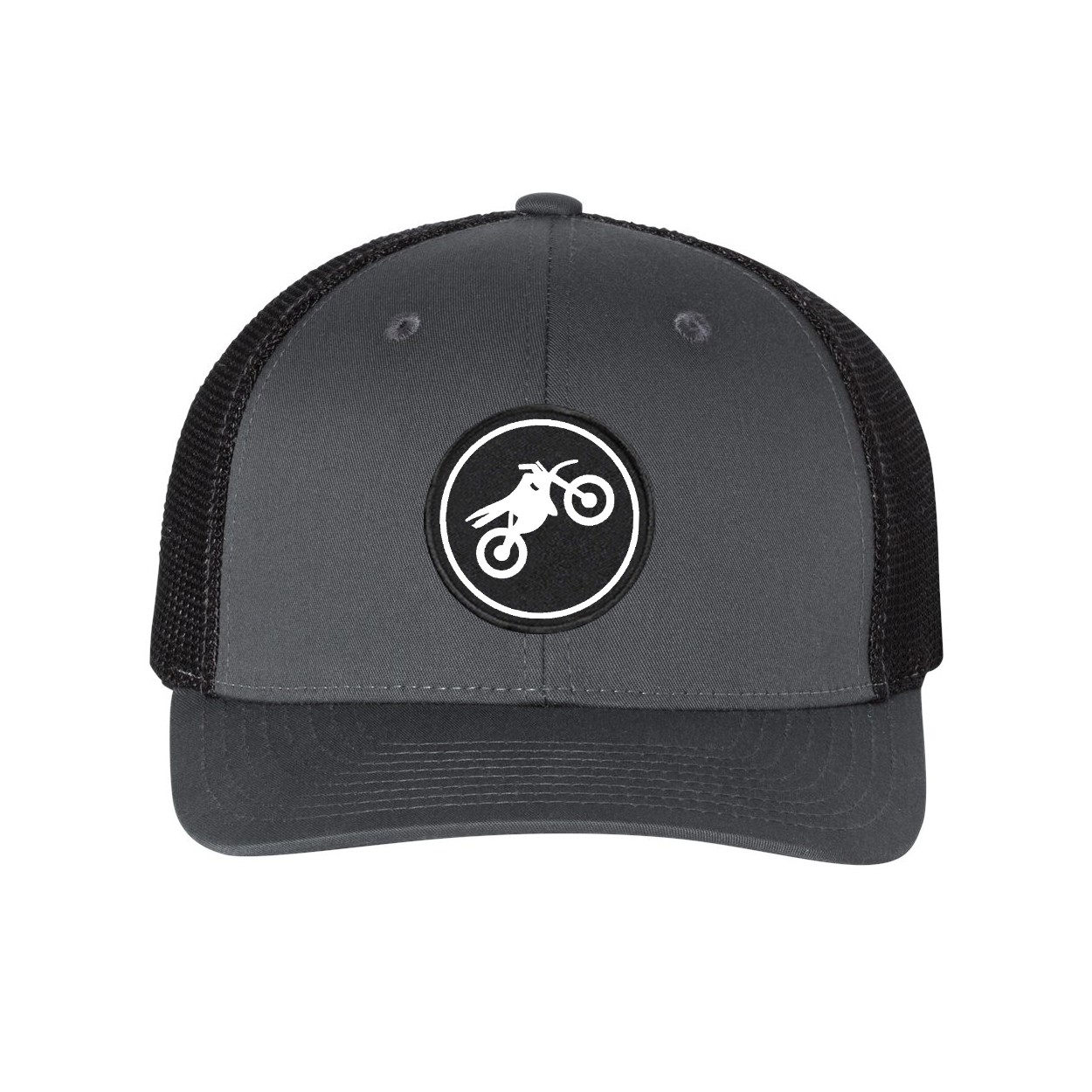 Ride Moto Icon Logo Classic Woven Circle Patch Snapback Trucker Hat Dark Gray/Black (White Logo)