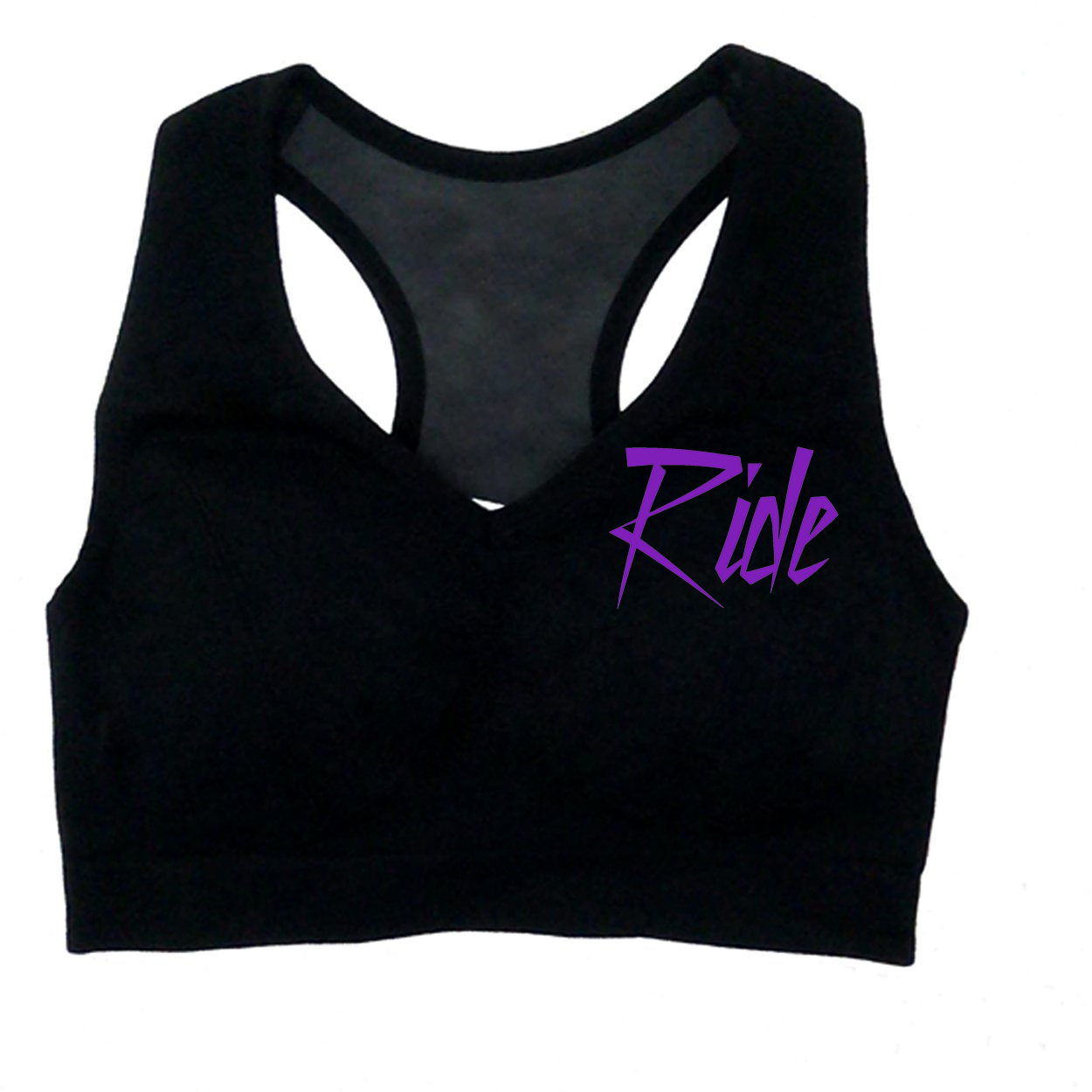 Ride Purple Logo Classic Womens High Support Scoop Neck Cut Out Back Sports Bra (White Logo)