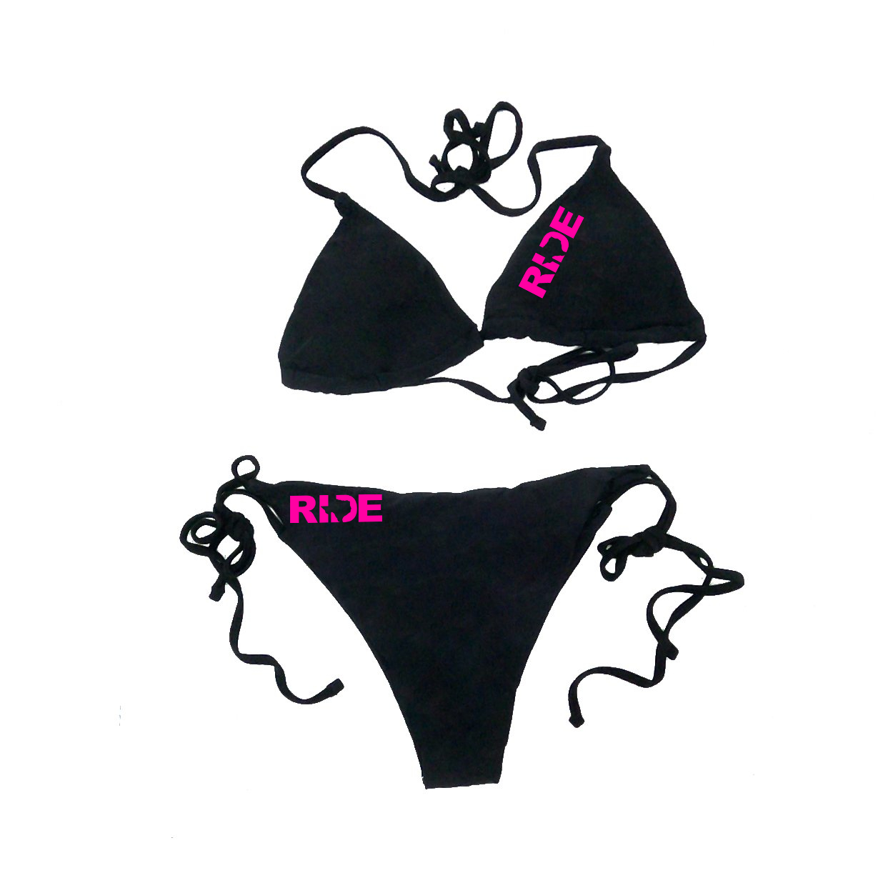 Ride Texas Classic Womens Lightly Padded Halter Triangle Tie Side Two-Piece Swimsuit Basics Bikini Black (Pink Logo)