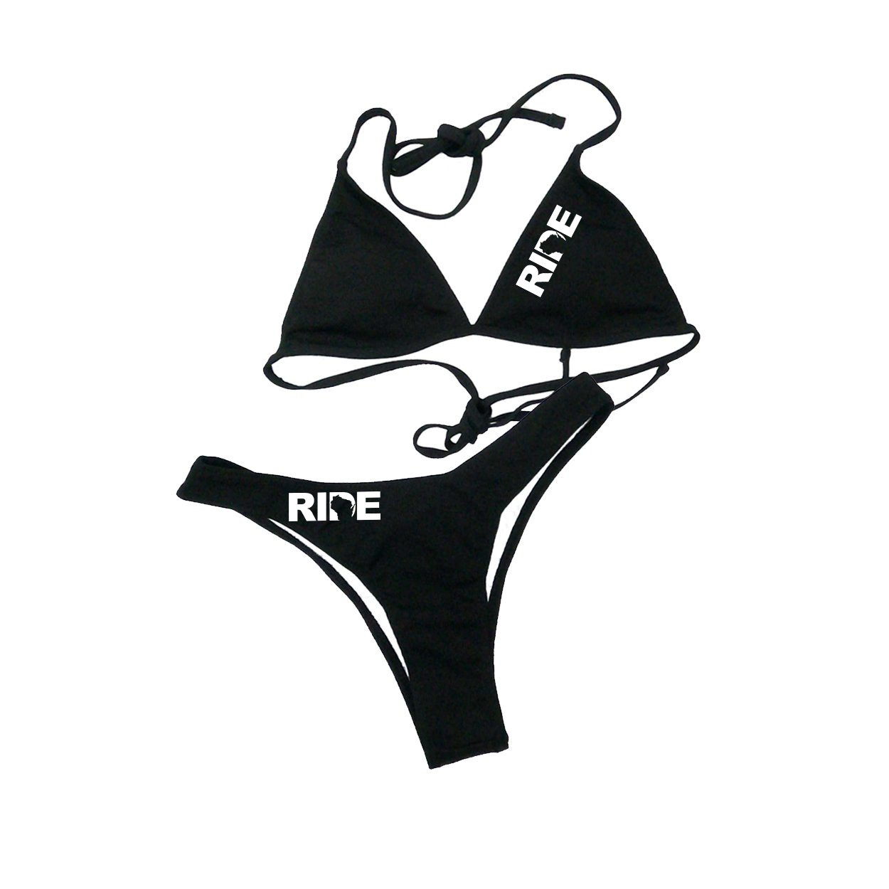 Ride Wisconsin Classic Womens Padded Halter Triangle Two-Piece Swimsuit Basics Bikini Black (White Logo)