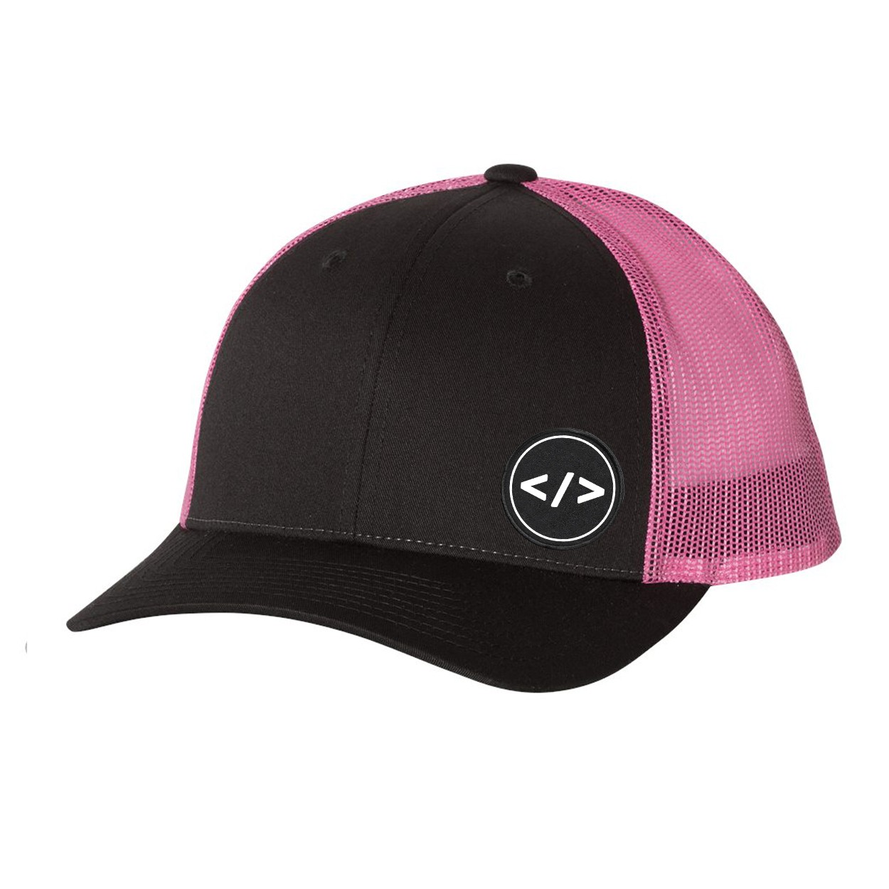 Code Tag Icon Logo Night Out Woven Circle Patch Snapback Trucker Hat Gray/Neon Pink (White Logo)
