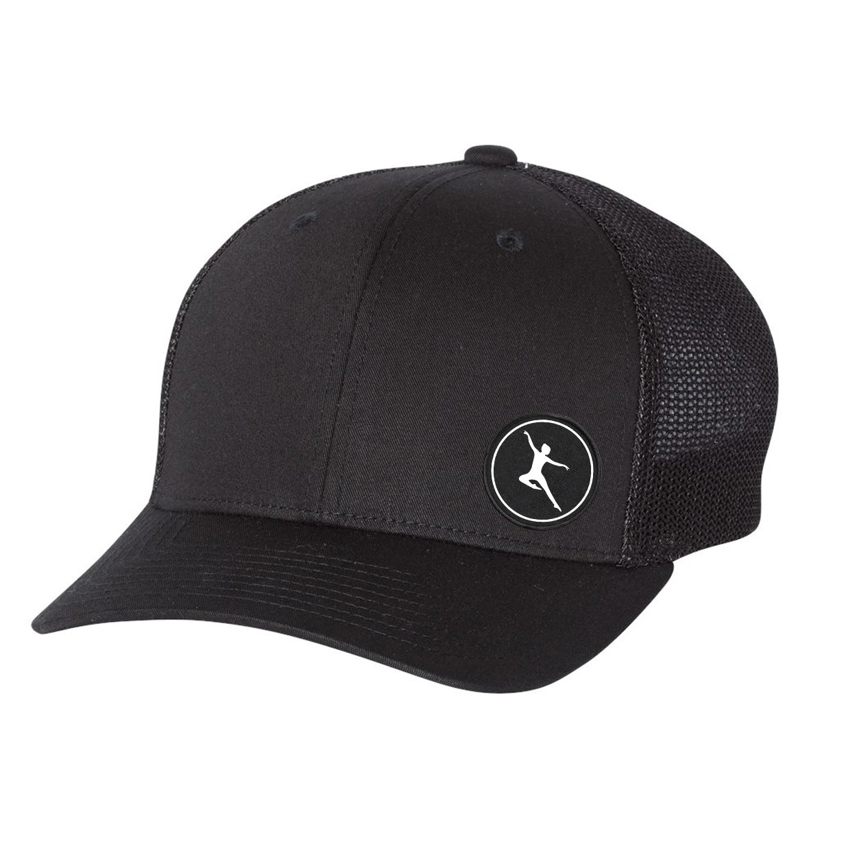 Dance Silhouette Icon Logo Night Out Woven Circle Patch Snapback Trucker Hat Black (White Logo)