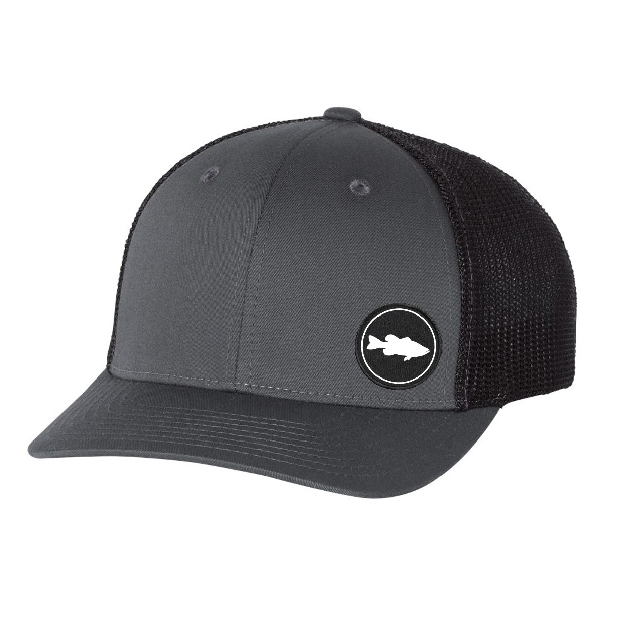 Fish Bass Icon Logo Night Out Woven Circle Patch Snapback Trucker Hat Gray/Black (White Logo)