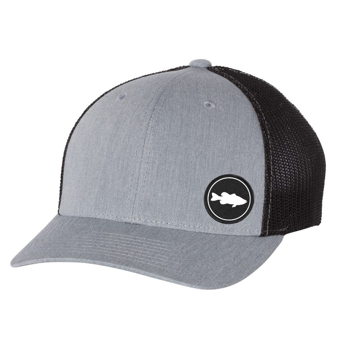 Fish Bass Icon Logo Night Out Woven Circle Patch Snapback Trucker Hat Heather Gray/Black (White Logo)