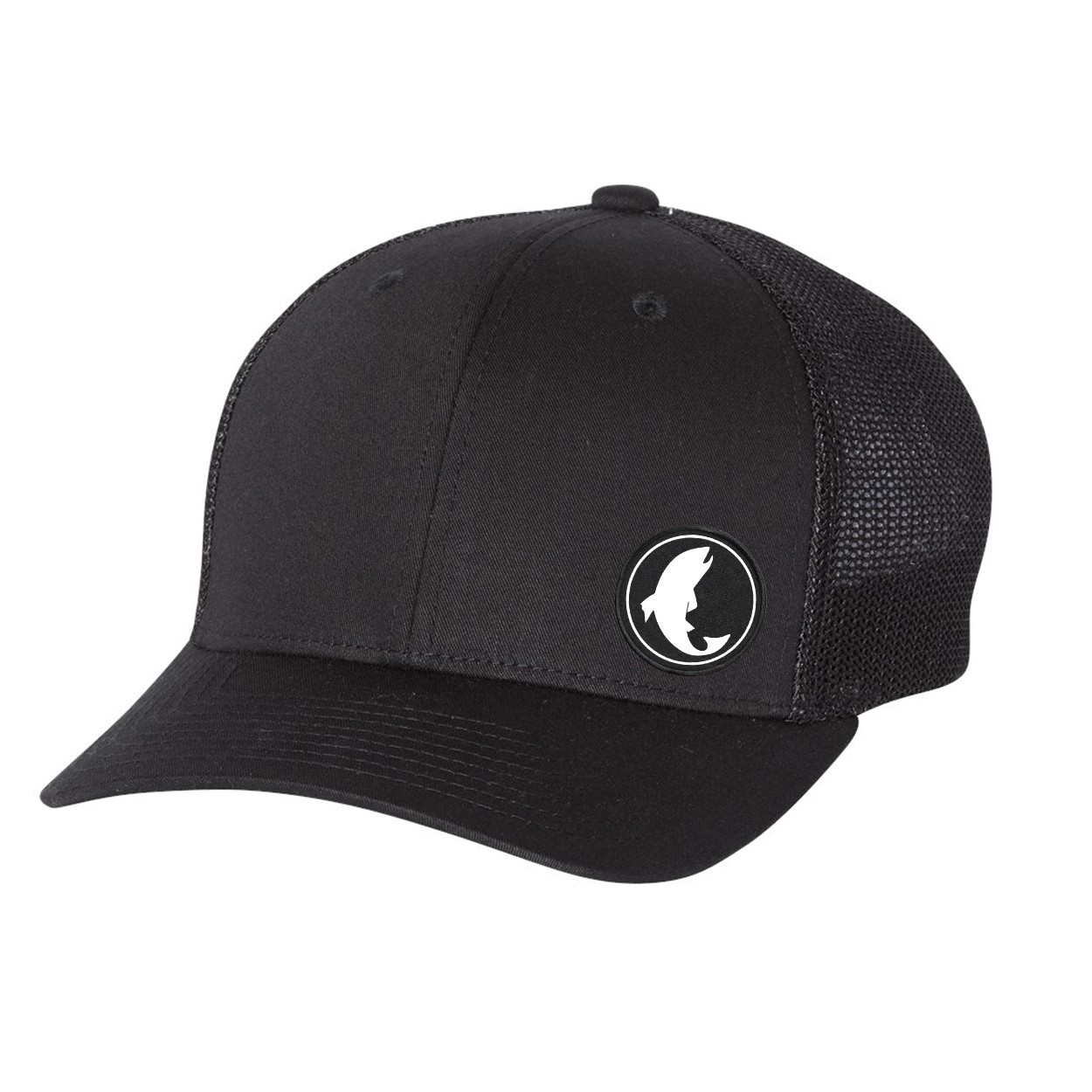 Fish Catch Icon Logo Night Out Woven Circle Patch Snapback Trucker Hat Black (White Logo)