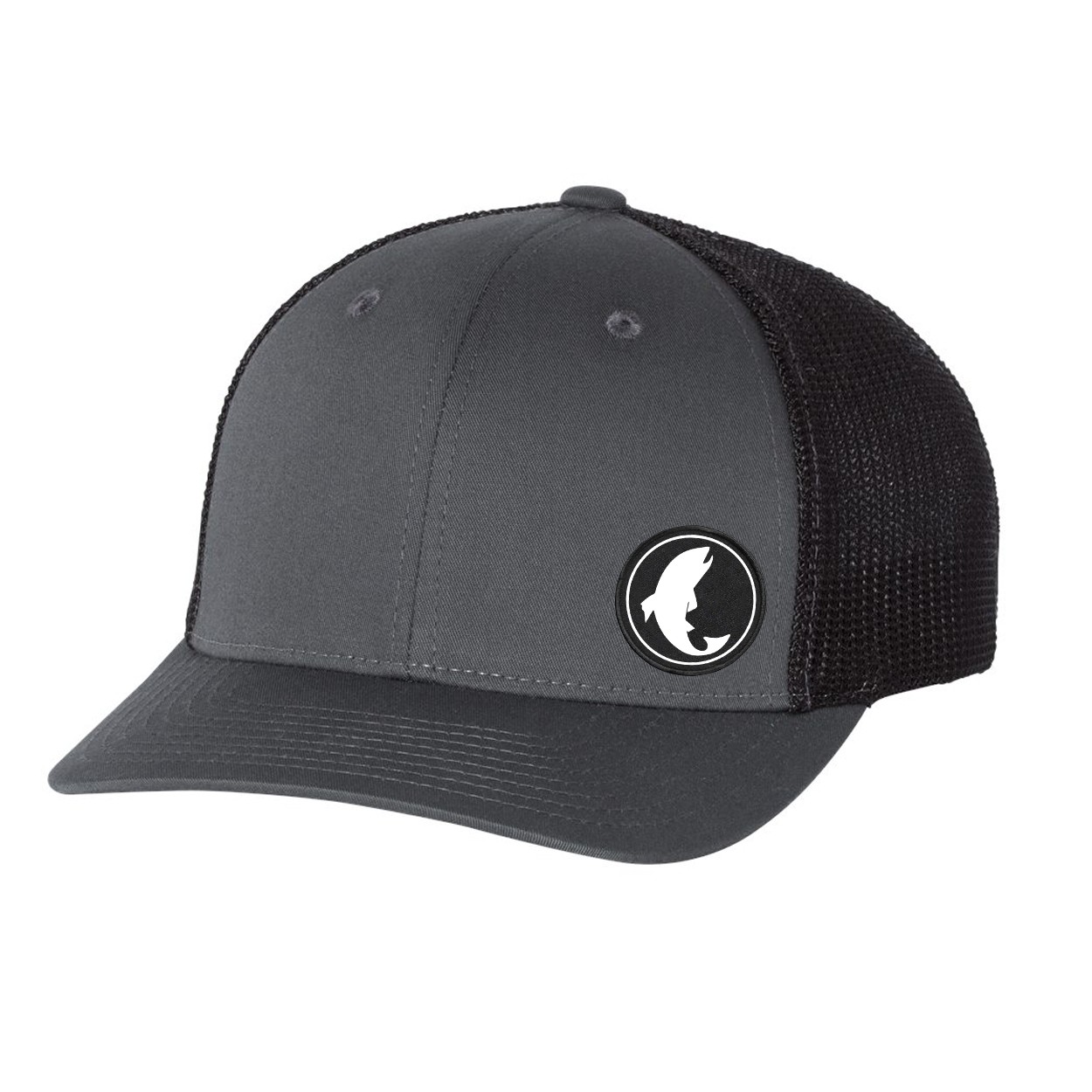 Fish Catch Icon Logo Night Out Woven Circle Patch Snapback Trucker Hat Gray/Black (White Logo)