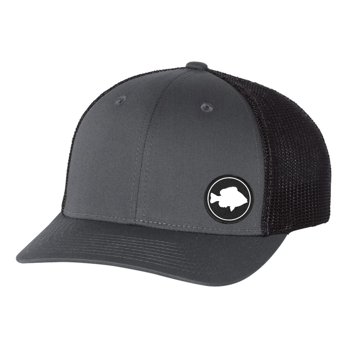 Fish Sunny Icon Logo Night Out Woven Circle Patch Snapback Trucker Hat Gray/Black (White Logo)