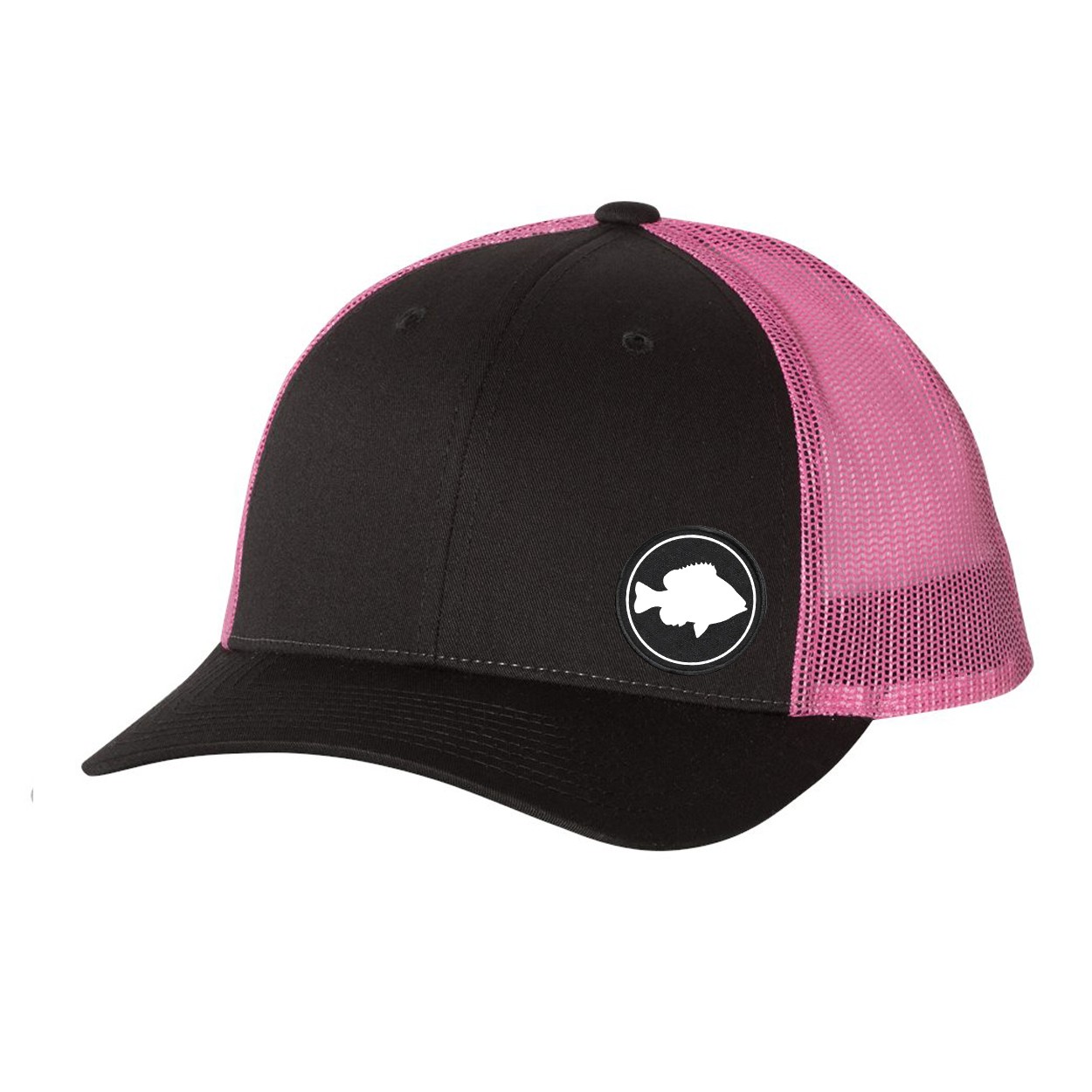 Fish Sunny Icon Logo Night Out Woven Circle Patch Snapback Trucker Hat Gray/Neon Pink (White Logo)