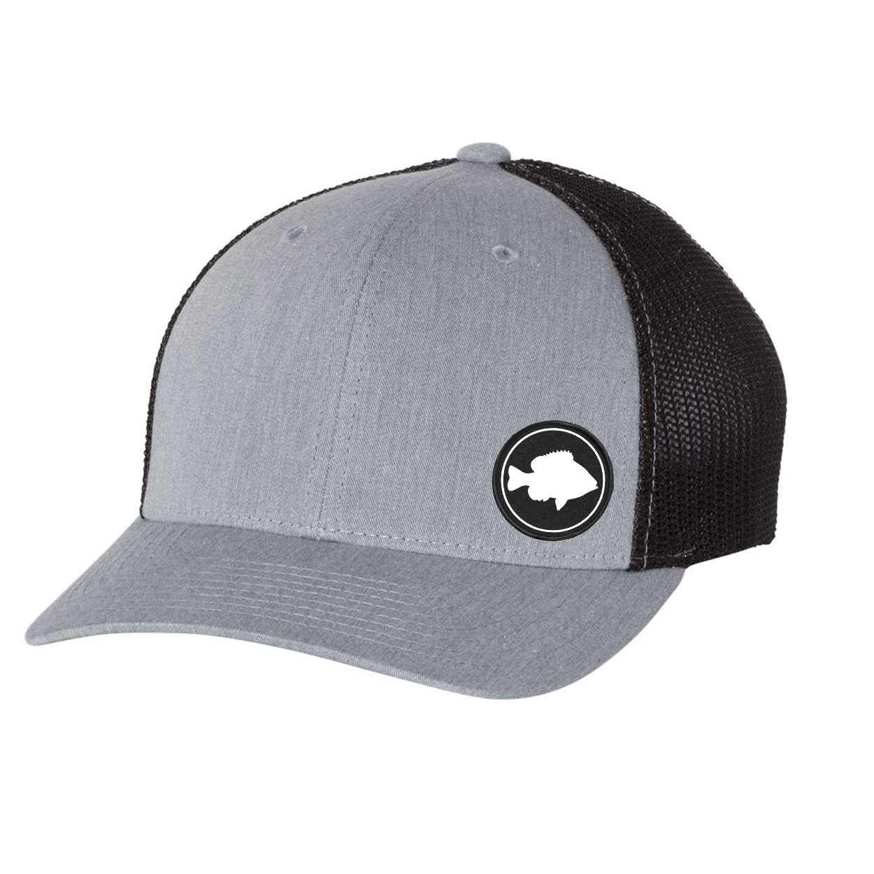 Fish Sunny Icon Logo Night Out Woven Circle Patch Snapback Trucker Hat Heather Gray/Black (White Logo)
