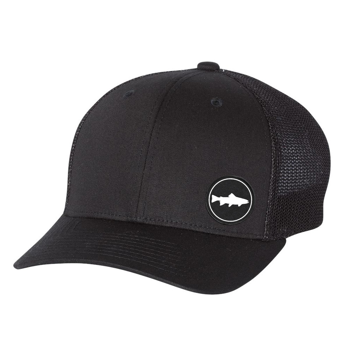 Fish Trout Icon Logo Night Out Woven Circle Patch Snapback Trucker Hat Black (White Logo)