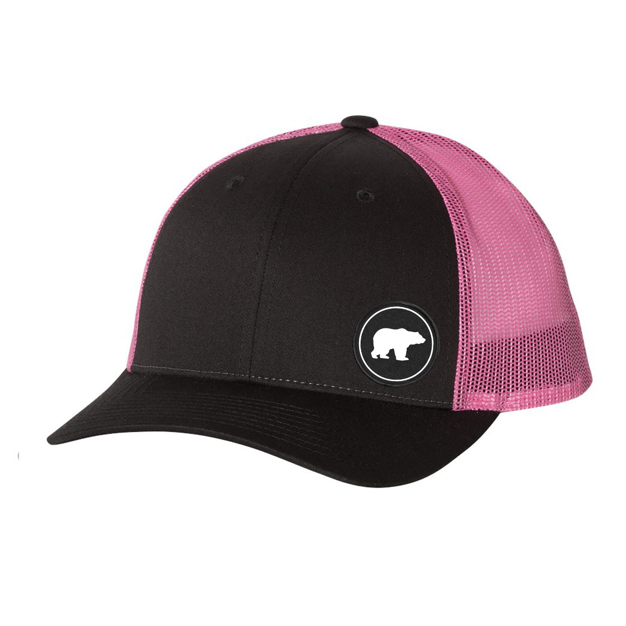 Hunt Bear Icon Logo Night Out Woven Circle Patch Snapback Trucker Hat Gray/Neon Pink (White Logo)
